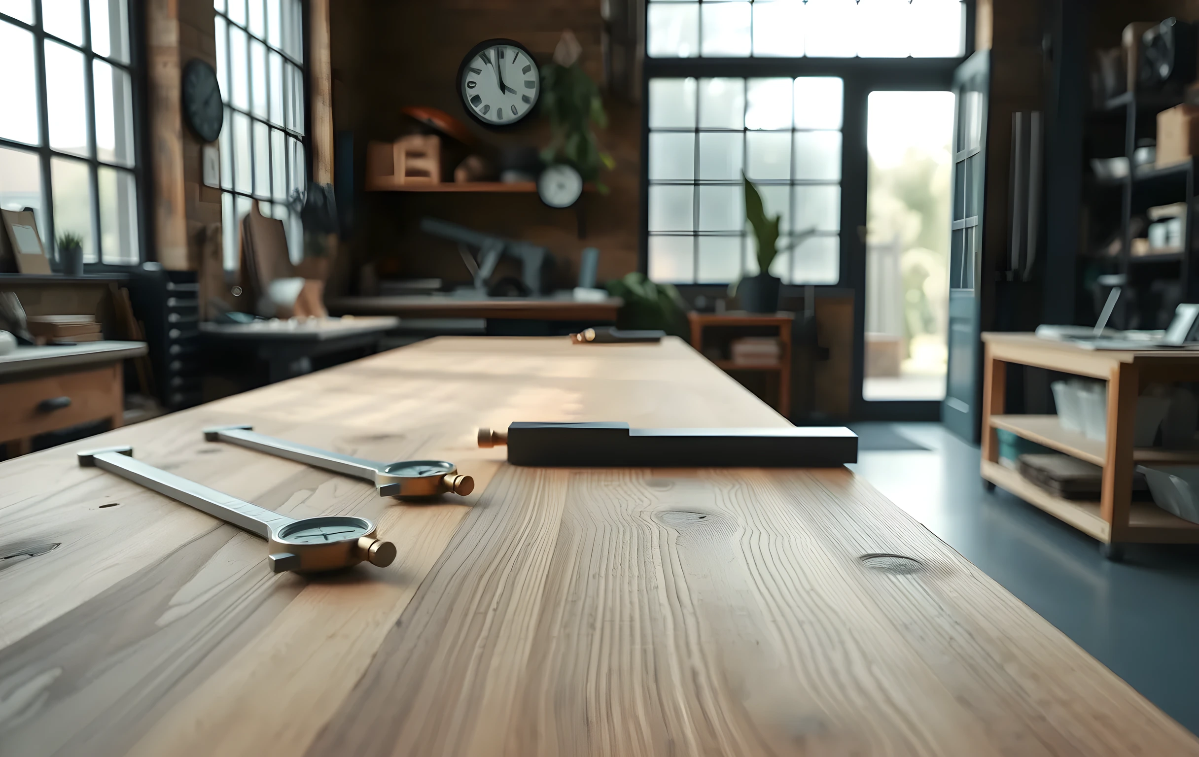 A sunlit engineering workshop with a long oak bench spanning the room, featuring scattered brass calipers, precision dial indicators, and a heavy steel square resting near a tall frosted window that opens to a quiet courtyard garden