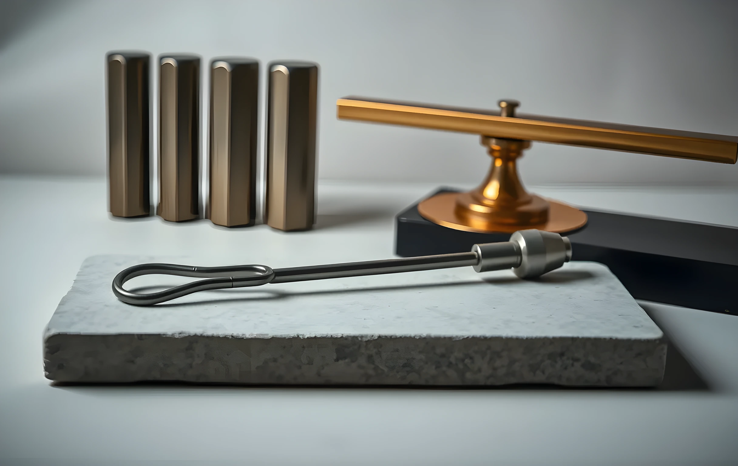 A tight still-life composition of a single tuning fork lying across a smooth stone slab beside graduated metal weights and a polished brass scale beam, highlighting fine machining details against a soft neutral backdrop