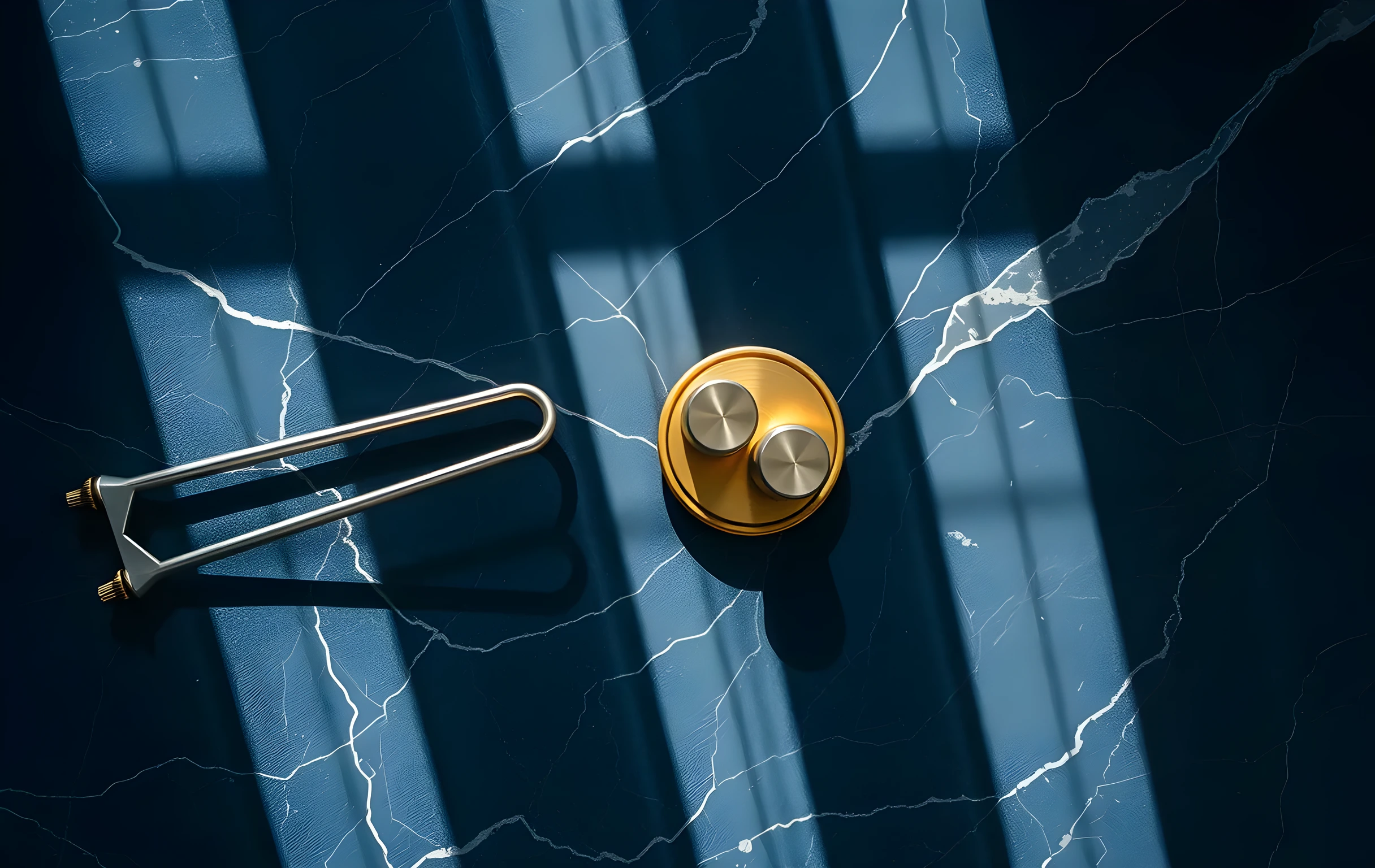 A tight overhead close-up of a polished steel tuning fork resting on a dark slate-gray marble slab. Beside it sits a small brass balance scale with two graduated metal weights of different sizes placed on one pan. Cool blue-white light from above creates sharp, elongated shadows stretching across the veined stone surface. The composition is minimal and precise, every object sharply in focus