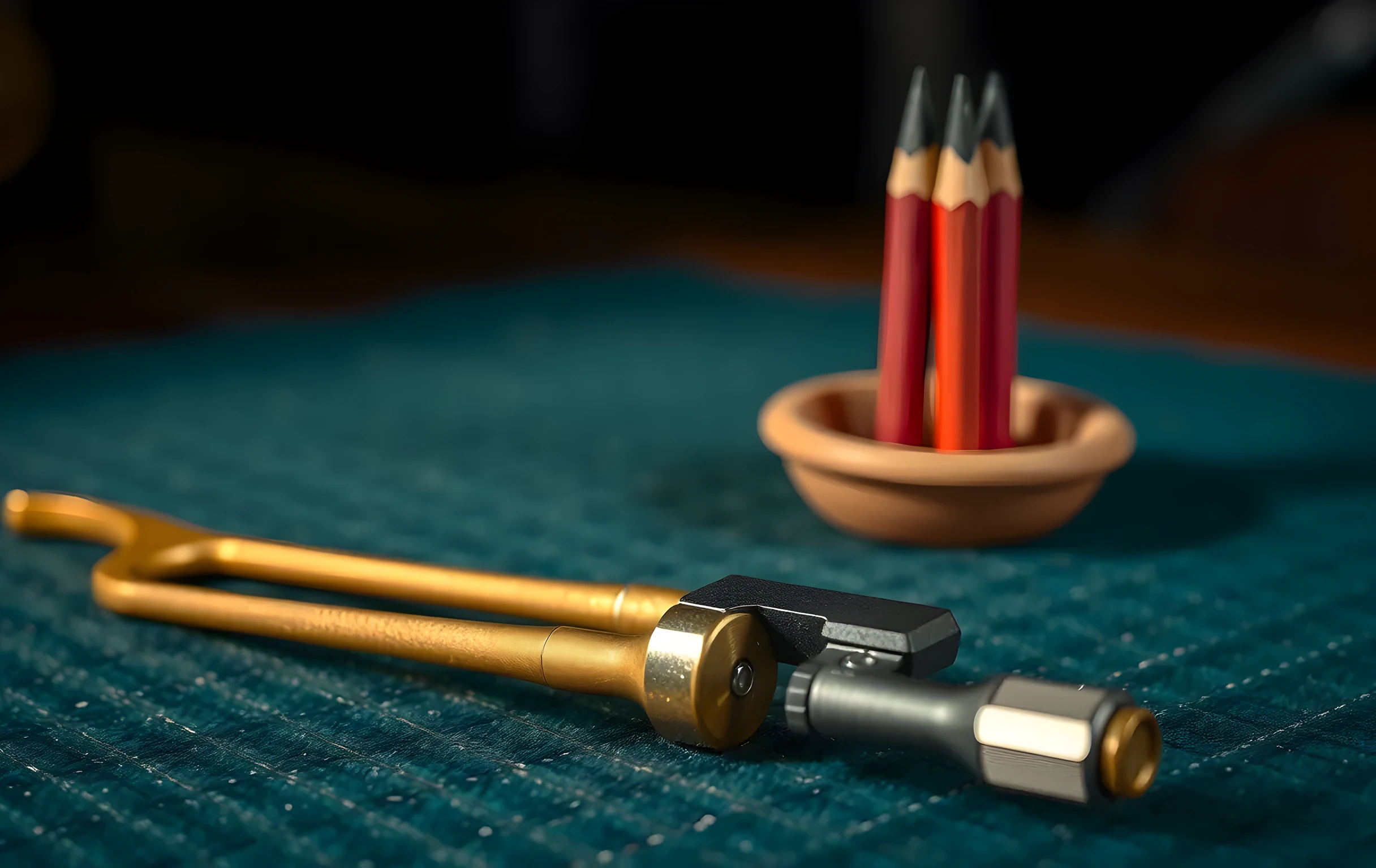 A tight close-up of a single brass tuning fork lying flat on a dark green waxed-canvas mat, its tines catching warm side-light and throwing fine caustic reflections, a small steel caliper clamped open beside it with one jaw resting against the fork's base, three sharpened graphite pencil tips standing upright in a shallow clay dish just beyond the frame edge, extremely shallow depth of field dissolving the background into soft amber bokeh, no people, no text