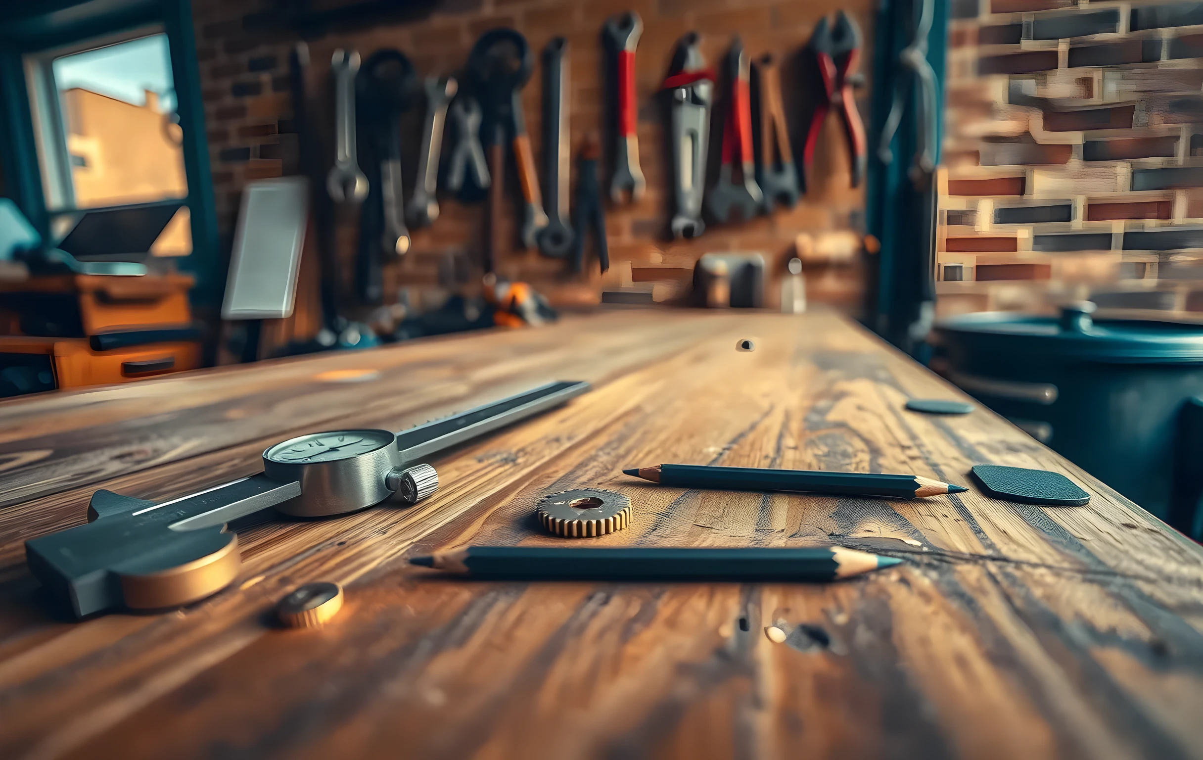 Wide-angle view of a worn wooden workbench in a small workshop against an exposed brick wall. Scattered across the bench surface: a pair of brass calipers open at roughly three centimeters, a steel spirit level with its bubble centered, four or five small brass gears of varying sizes, a single tuning fork lying flat, and two sharpened graphite pencils resting tip-to-tip. A pegboard in the background holds a few hanging wrenches and pliers. Warm afternoon light enters from a window off-frame to the left, casting long soft shadows across the bench. No text, no screens, no people