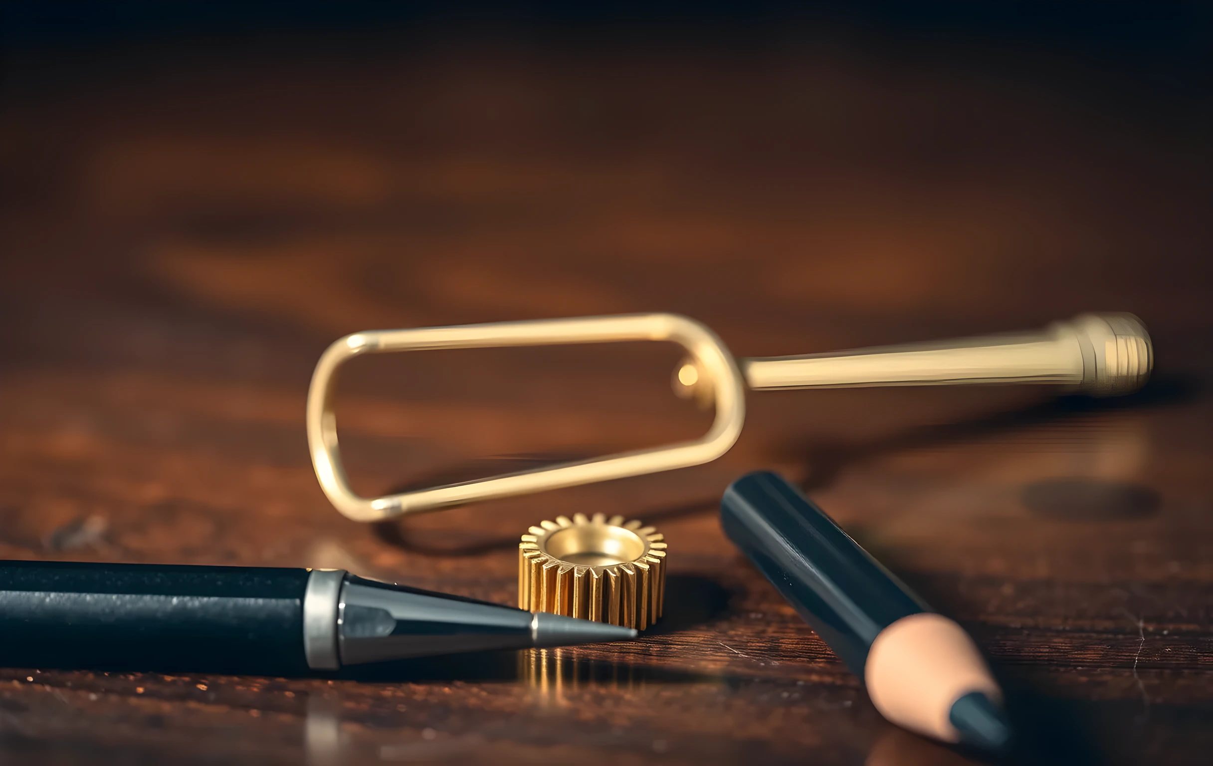 Tight close-up shot of a single brass tuning fork lying on its side on a dark walnut tabletop, with a steel caliper partially visible in the foreground and two sharpened pencil tips entering the frame from the lower right. A tiny brass gear sits between them. Shallow depth of field blurs the background into warm amber bokeh. The metal surfaces catch a single hard directional light from the upper left, creating crisp specular highlights on the tuning fork's prongs and the caliper's jaws. No text, no screens, no hands, no people