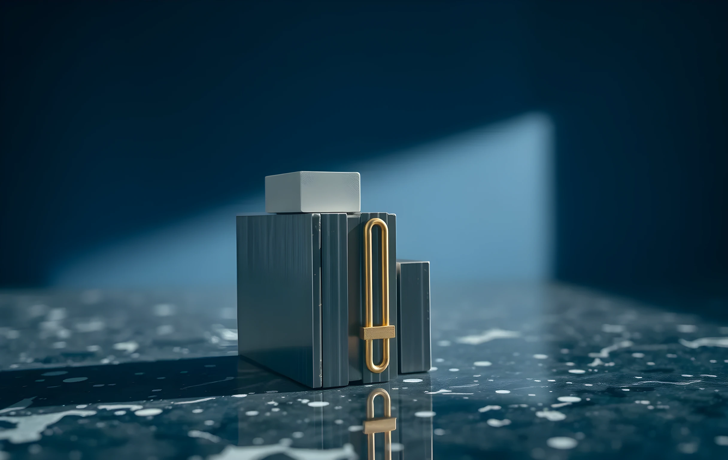A tight close-up of precision steel reference blocks stacked in descending height on a polished granite inspection surface, a single brass tuning fork resting against the tallest block. Cool blue-grey daylight enters from one side, creating a sharp highlight along the machined edges and a long soft shadow. Shallow depth of field blurs the background into a flat indigo tone. No text, no screens, no hands