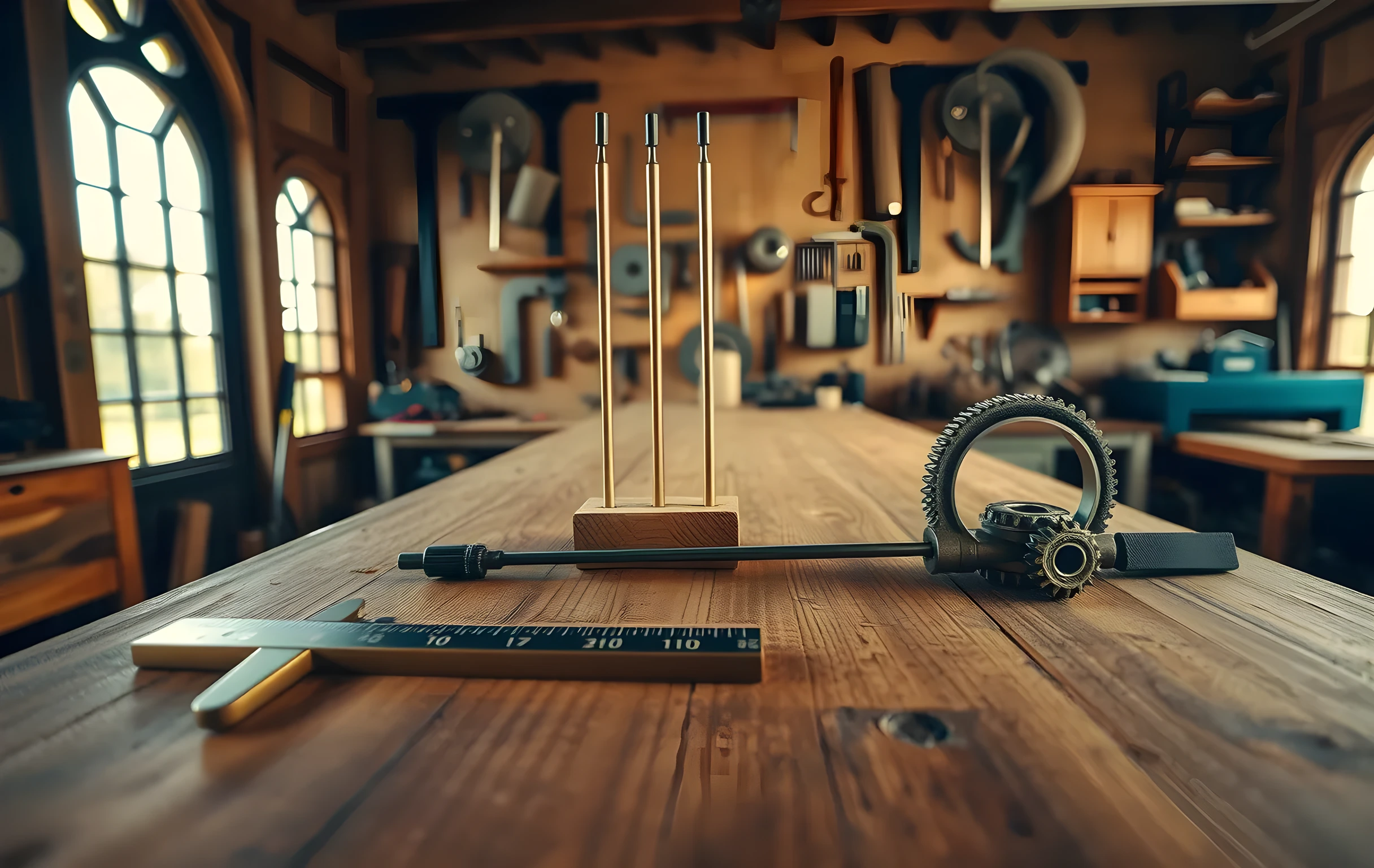 A wide sunlit craftsman workshop interior: a long weathered oak workbench stretches across the frame with a large brass vernier caliper, three graduated tuning forks standing upright in a wooden block, a torpedo spirit level laid flat, and a cluster of interlocking steel gears in varying diameters catching warm afternoon light from a tall arched window on the left; behind the bench a pegboard wall holds silhouetted tools, the wood grain rich and textured, everything still and precise, no people, no text