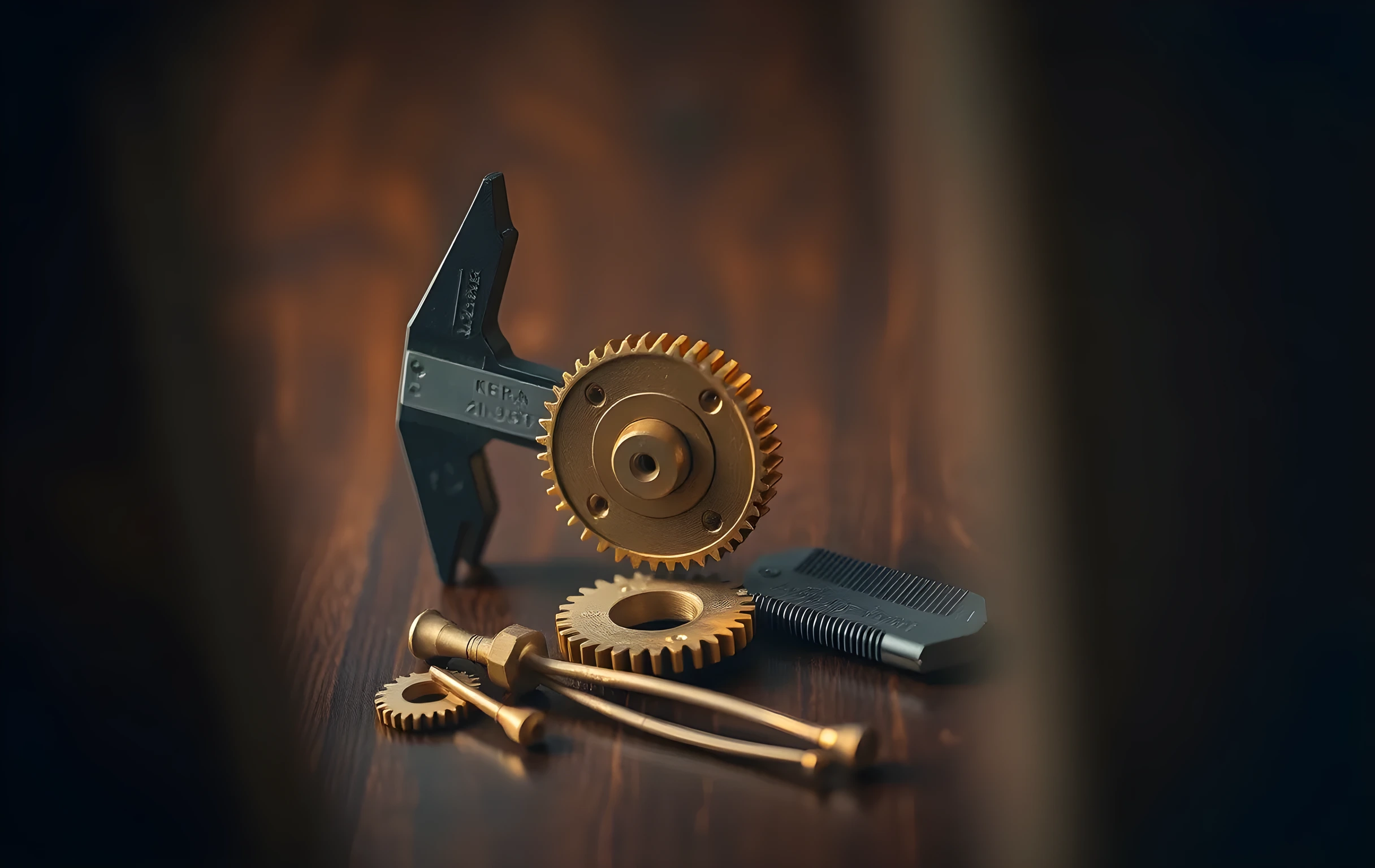 A tight macro close-up on dark walnut wood: the jaws of a precision steel caliper clamped around a single small brass gear, two additional gears and one slender tuning fork resting beside it, shallow depth of field with soft amber highlights glinting off the machined metal surfaces, warm directional light from above, intimate scale focused entirely on the mechanical objects, no people, no text