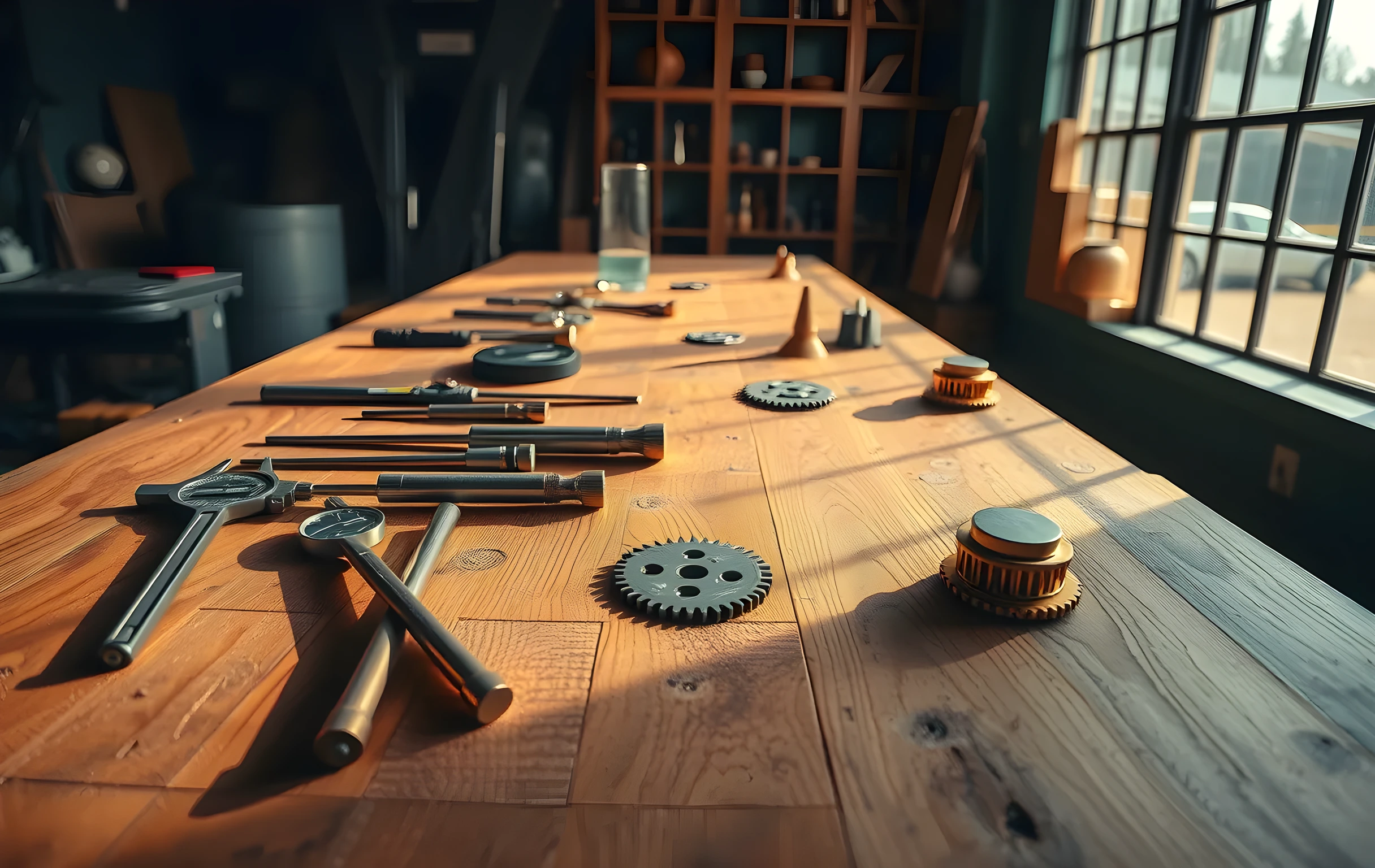 A sunlit industrial workshop bench stretching wide across the frame, its worn oak surface scattered with brass calipers, steel tuning forks of varying sizes, a glass spirit level, and interlocking copper gears arranged in a deliberate geometric pattern. Long shadows from a large window fall diagonally across the wood grain. The space feels like a place where precision instruments are calibrated by hand. Warm amber light, no text visible anywhere