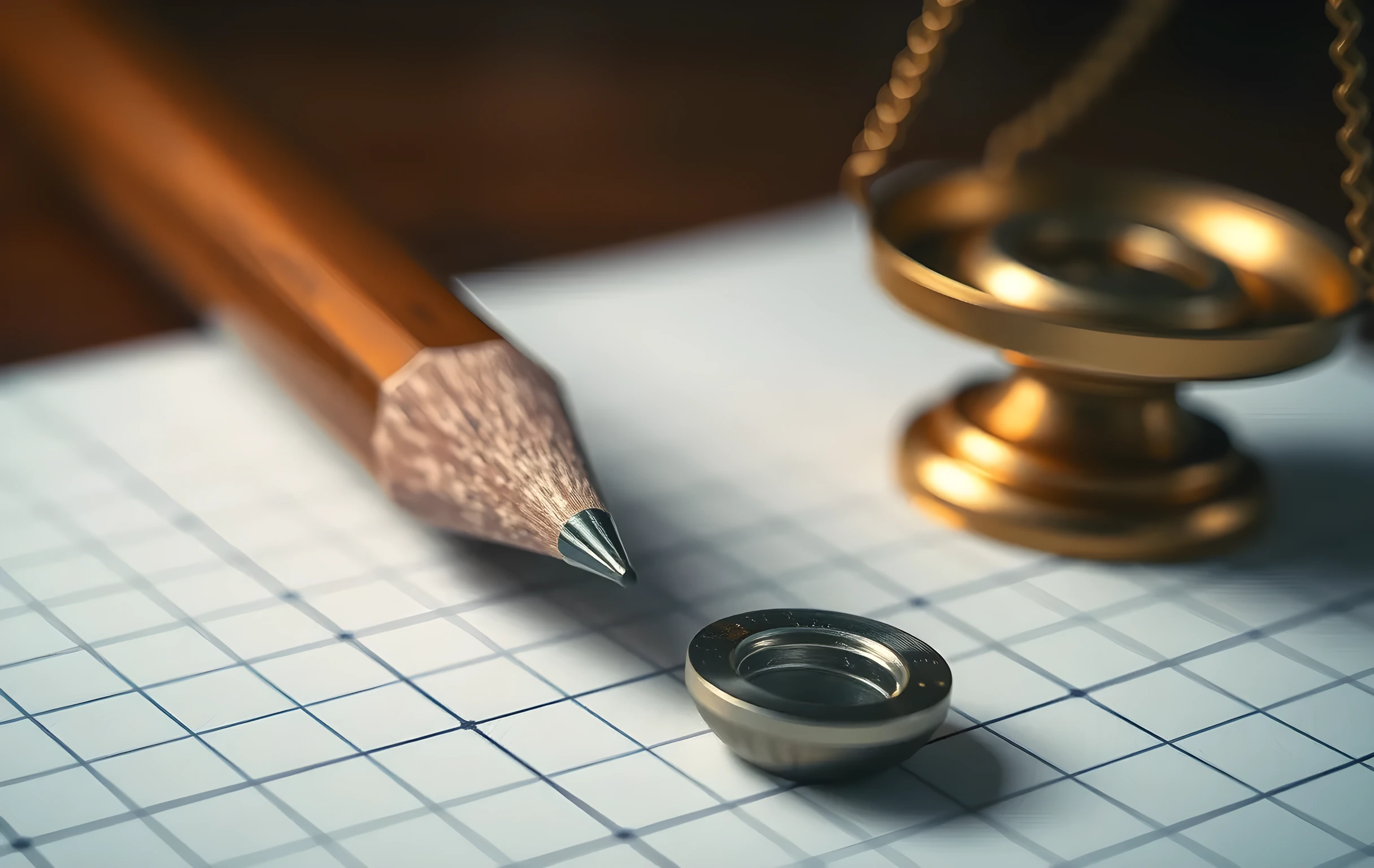 Extreme close-up of a sharpened graphite pencil tip resting on grid-lined drafting paper, beside a small brass balance scale with empty shallow pans and a single polished steel washer sitting in one pan. Shallow depth of field dissolves the background into soft warm bokeh. Focus is locked on the wood grain texture of the pencil barrel and the machined surface of the brass scale. Tactile, quiet, precise