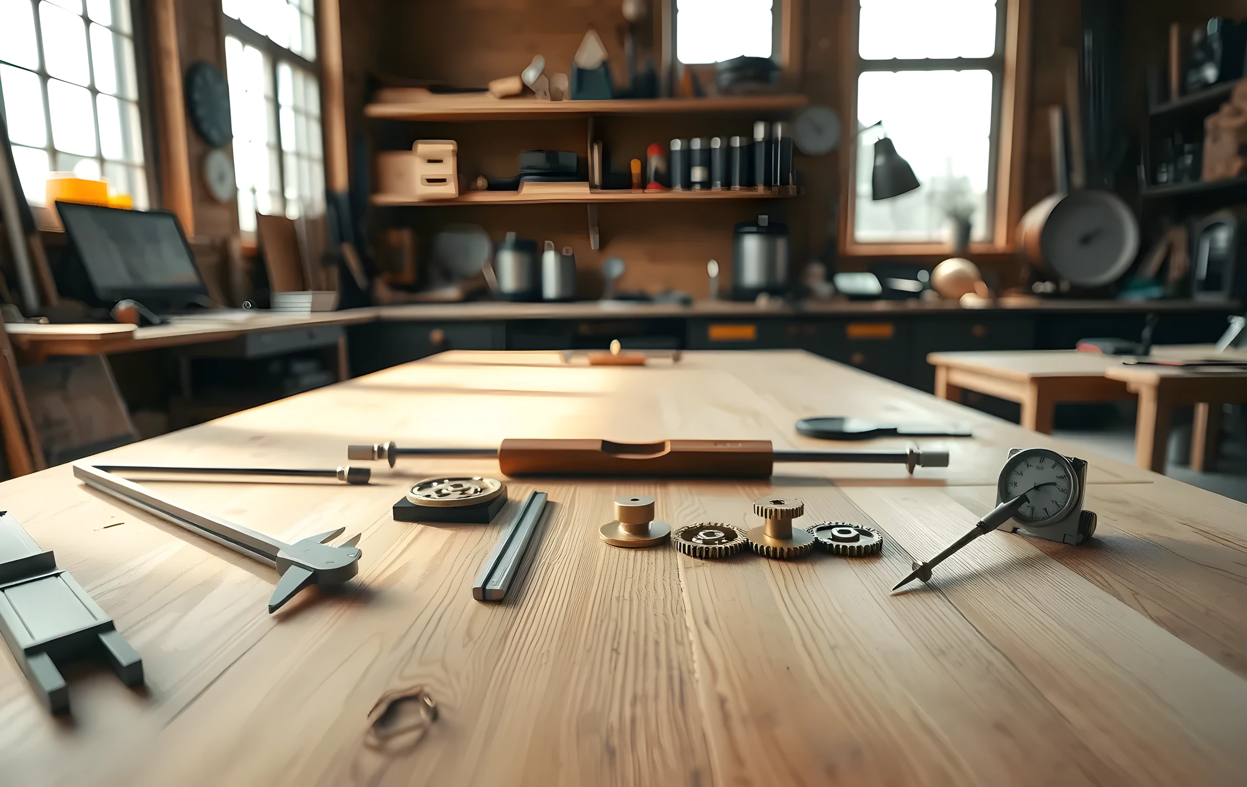A wide view of a large timber workbench in a sunlit artisan workshop, the surface covered with precision instruments laid out in deliberate geometric patterns: steel calipers, brass tuning forks, a long spirit level, interlocking brass gears of varying sizes, and a small set of weighted balance scales. Warm directional light streams through tall north-facing windows, casting long shadows across the grain of the wood. In the background, open shelving holds neatly aligned rows of additional tools. The scene feels like a master craftsman has just finished calibrating and stepped away