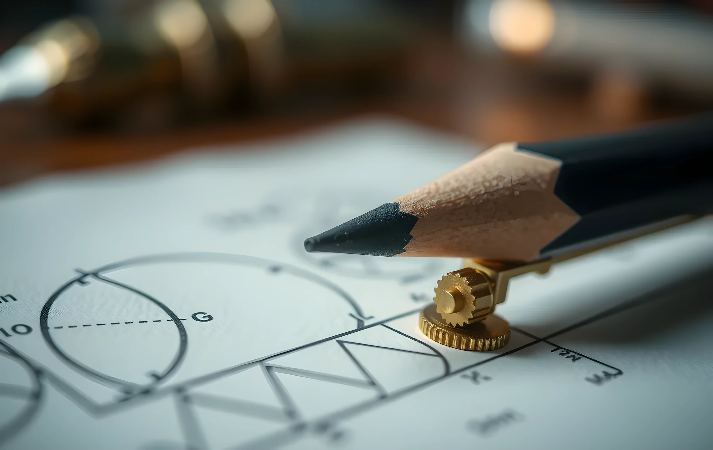 An extreme close-up, very shallow depth of field, of a freshly sharpened graphite pencil tip resting on fine-tooth drafting paper where faint geometric construction arcs and straight lines are visible. Immediately beside the pencil tip sits a tiny brass balance scale with empty pans and a single small cog wheel whose teeth catch the light. The background dissolves into soft warm amber bokeh. The focus is razor-sharp on the graphite point and the first few millimeters of paper texture, everything else falling away into creamy blur