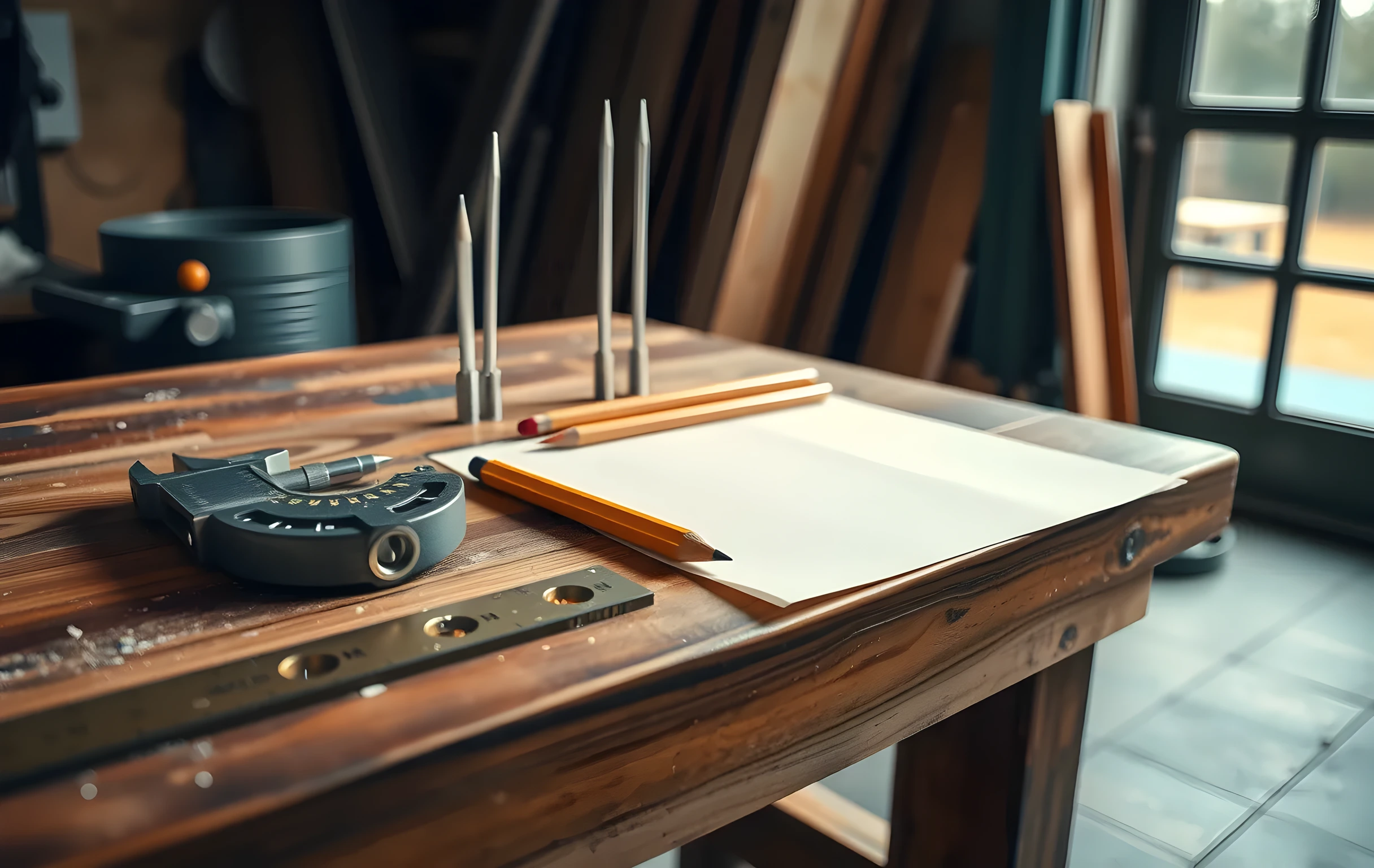 A wide view of a craftsman's workbench bathed in soft directional morning light from a tall side window. On the heavy timber surface rest precision steel calipers with jaws slightly open, three tuning forks of graduated sizes standing upright, a brass carpenter's level laid flat, and a row of six sharpened graphite pencils aligned parallel on a loosely rolled sheet of thick cream drafting paper. Fine wood shavings scatter along the bench edge. No text, no screens, no people