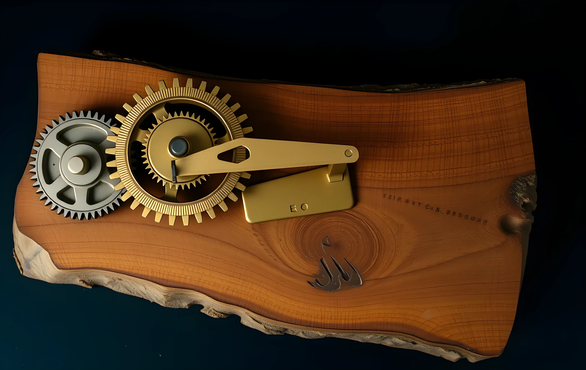 A tight close-up of two interlocking copper gears with visible tooth profiles resting beside a small brass balance scale on its fulcrum, all set upon a thick slab of oiled oak whose grain shows fine parallel measurement scribes etched along one long edge. Warm amber light catches the metallic surfaces, casting short shadows. No text, no screens, no hands, no faces