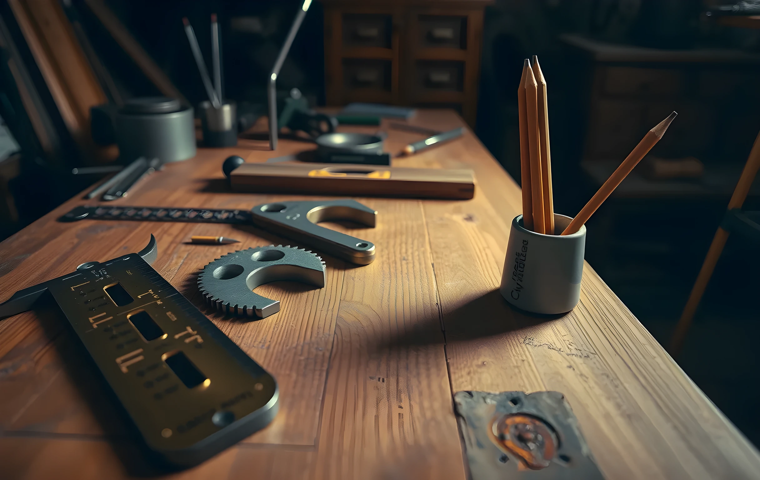 A wide view of a weathered oak workbench in a dim small workshop, cluttered with brass calipers laid flat, a tuning fork resting on its edge, three interlocking steel gears of different sizes, a wooden spirit level, and four sharpened graphite pencils standing upright in a small ceramic cup; warm directional light entering from the left side casts long shadows across the grain, background fades into soft darkness
