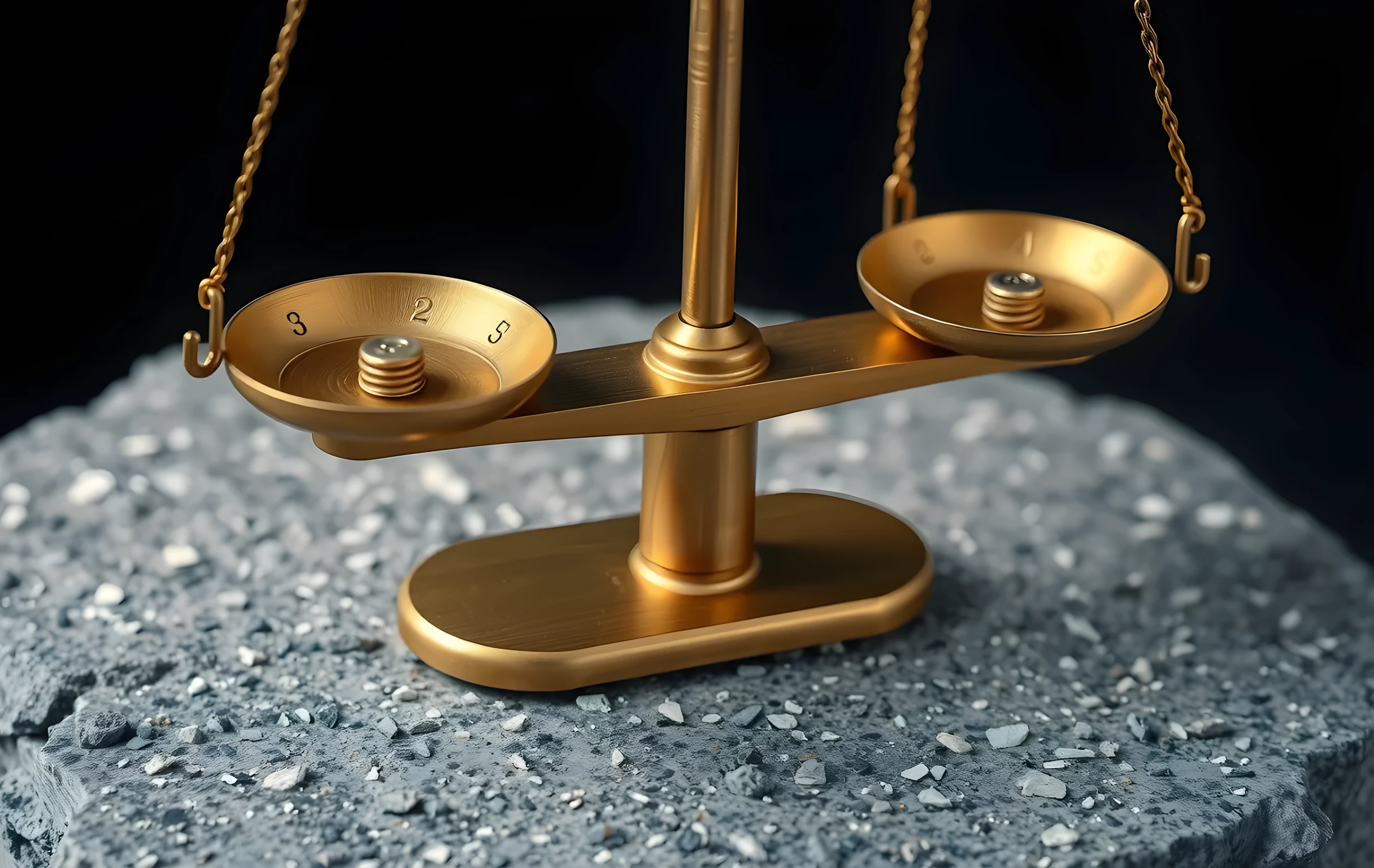 A tight close-up of a brass beam scale with two small metal poise weights resting on each pan, a single coiled spring visible beneath the pivot mechanism, set on a rough slab of raw grey granite; soft top-light catches the brushed metal grain and the tiny engraved tick marks along the beam, everything beyond the scale falls into gentle shadow