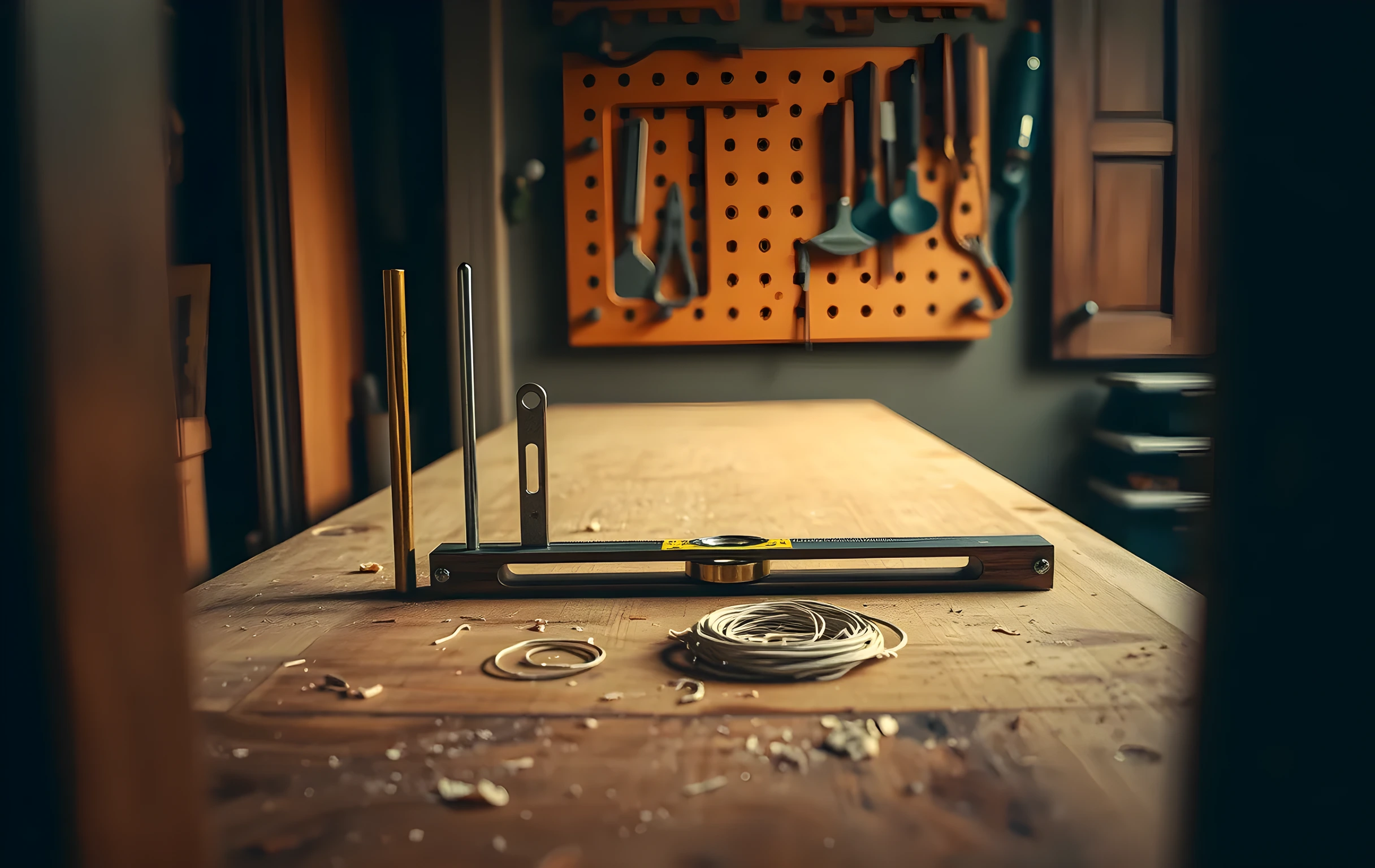 A wide-angle view of a craftsman's workshop bench in warm late-afternoon light streaming through a dusty window. Across the worn maple surface sit three brass tuning forks of increasing size, a long steel spirit level with its bubble centered, a coil of thin wire, and scattered pale wood shavings. The background fades into soft shadow where a wooden pegboard holds chisels and a pair of dividers. The mood is quiet precision, the calm before a measurement is taken