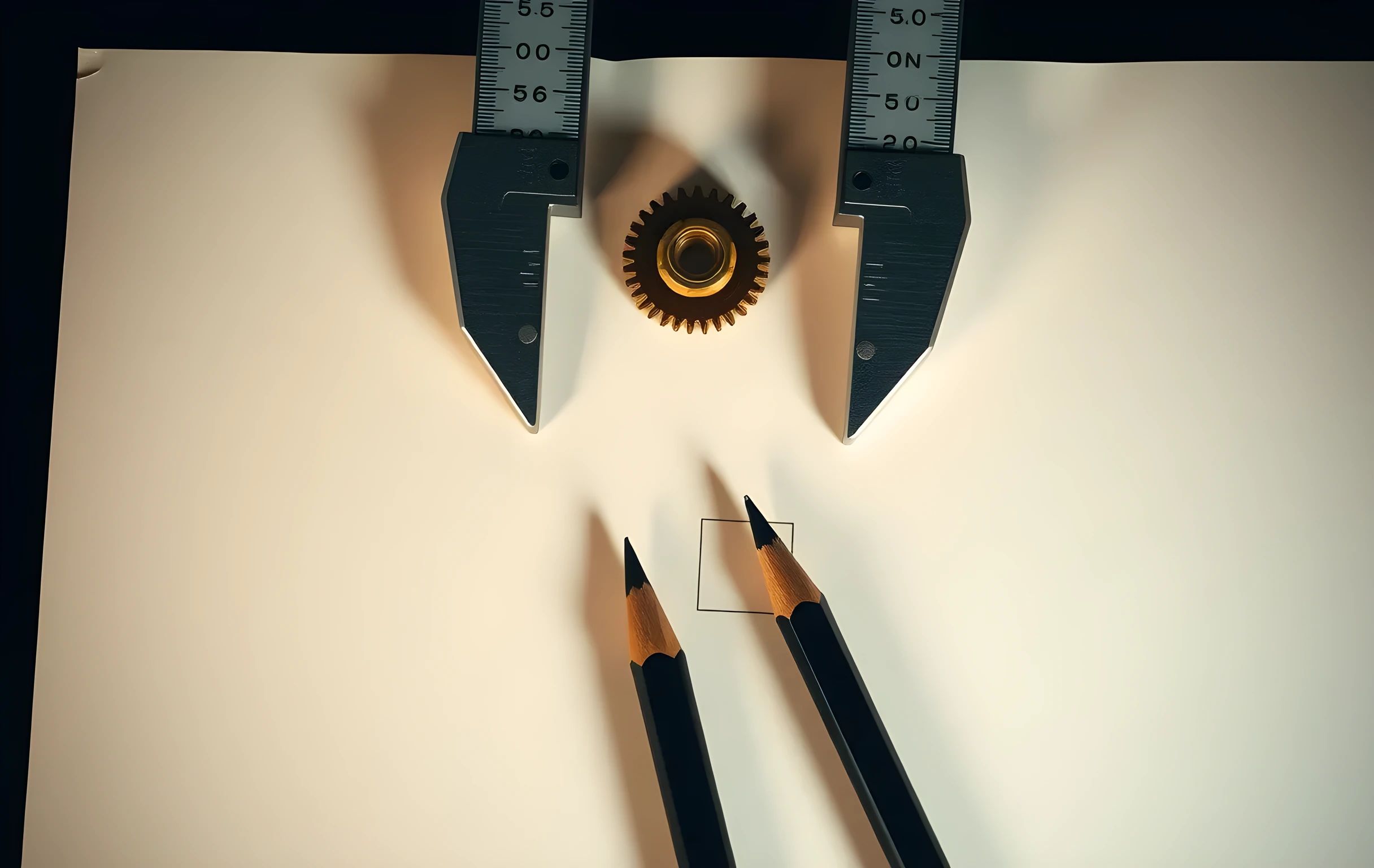 A tight macro close-up of a pair of silver machinist calipers resting open on a sheet of fine cream-colored drafting paper, their jaws holding a single small brass gear with twenty teeth. Three sharpened graphite pencils lie parallel just below the calipers, their tips aligned to a faint pencil-drawn grid. A shallow depth of field blurs the edges of the paper into warm shadow, and the metal surfaces catch a single sharp highlight from an overhead source