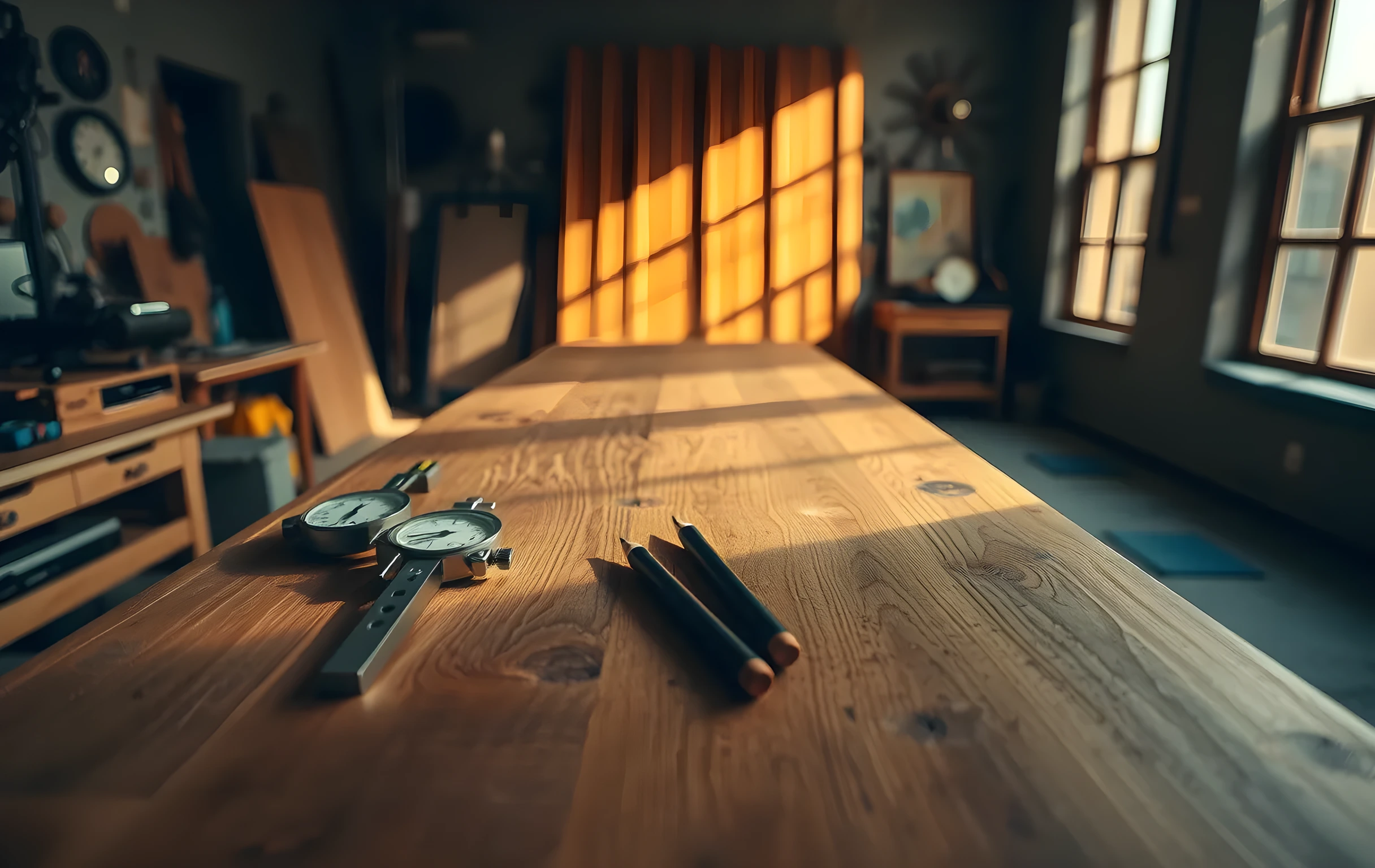 A long worn-oak workshop bench in a small mechanical studio, brass calipers and a steel tuning fork resting on the surface alongside a wooden spirit level and three sharpened graphite pencils scattered at angles, warm golden afternoon light streaming from a tall side window casting long diagonal shadows across the work area, shallow depth of field softening the back wall