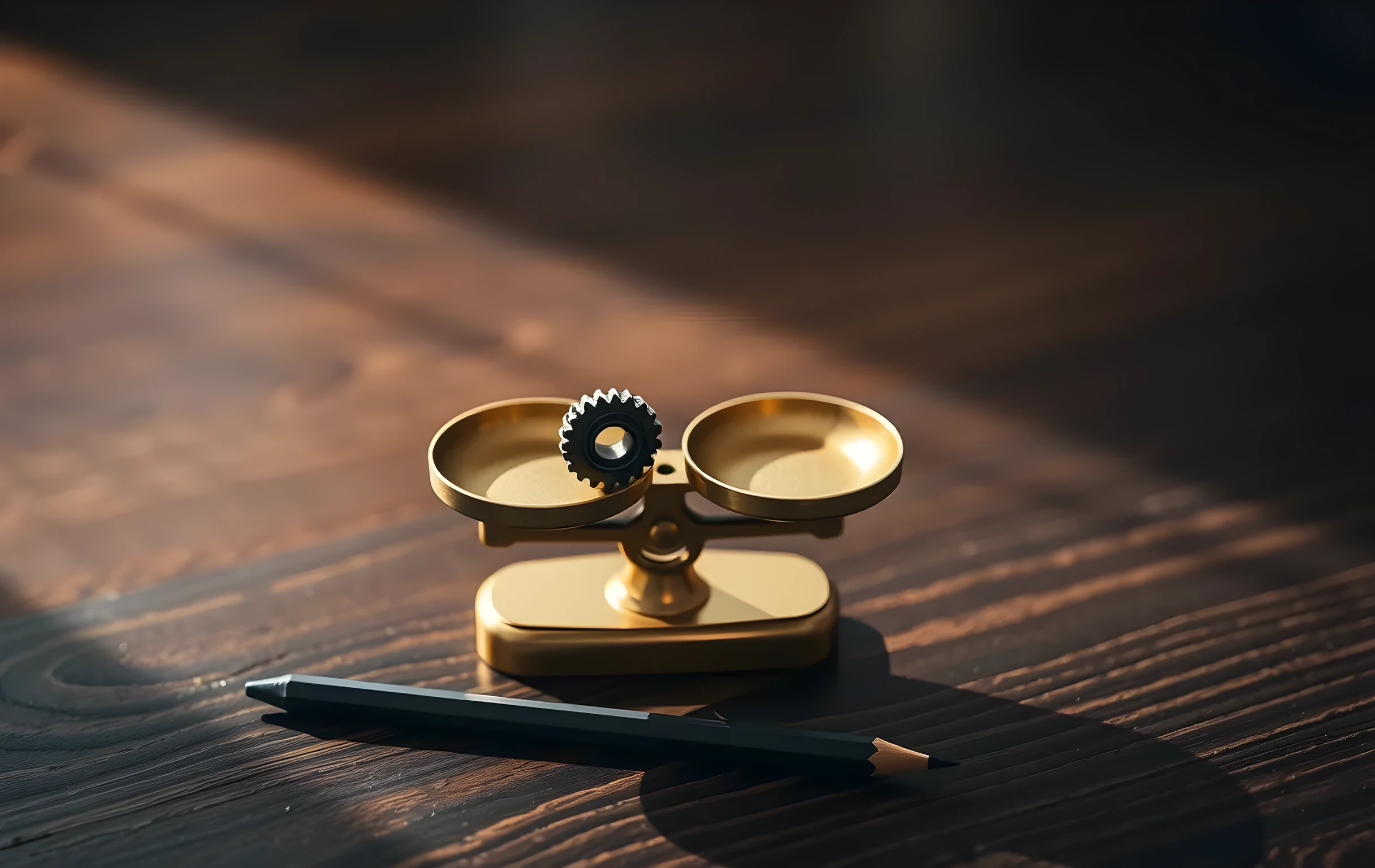 A small brass balance scale with two empty round pans sitting on a dark walnut table surface, a single miniature steel gear resting in one pan, a sharpened graphite pencil lying diagonally beside the scale base, warm directional light from the left casting crisp geometric shadows of the gear and pencil across the wood grain