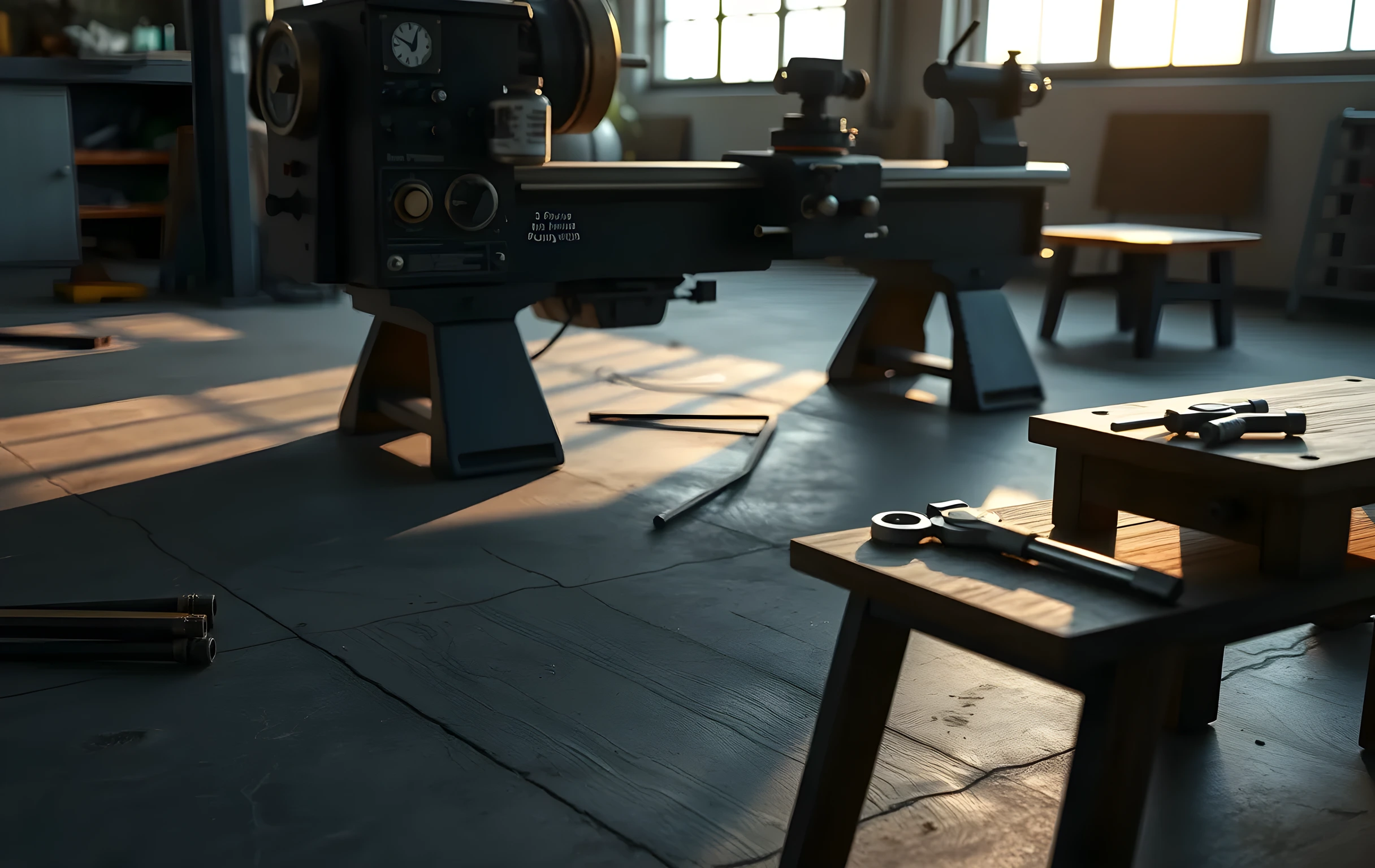 A wide workshop floor at dawn featuring a heavy steel lathe machine with brass calibration dials resting on its control panel, surrounded by neatly arranged hex keys and micrometers on worn wooden workbenches, soft directional light casting long geometric shadows across the concrete floor