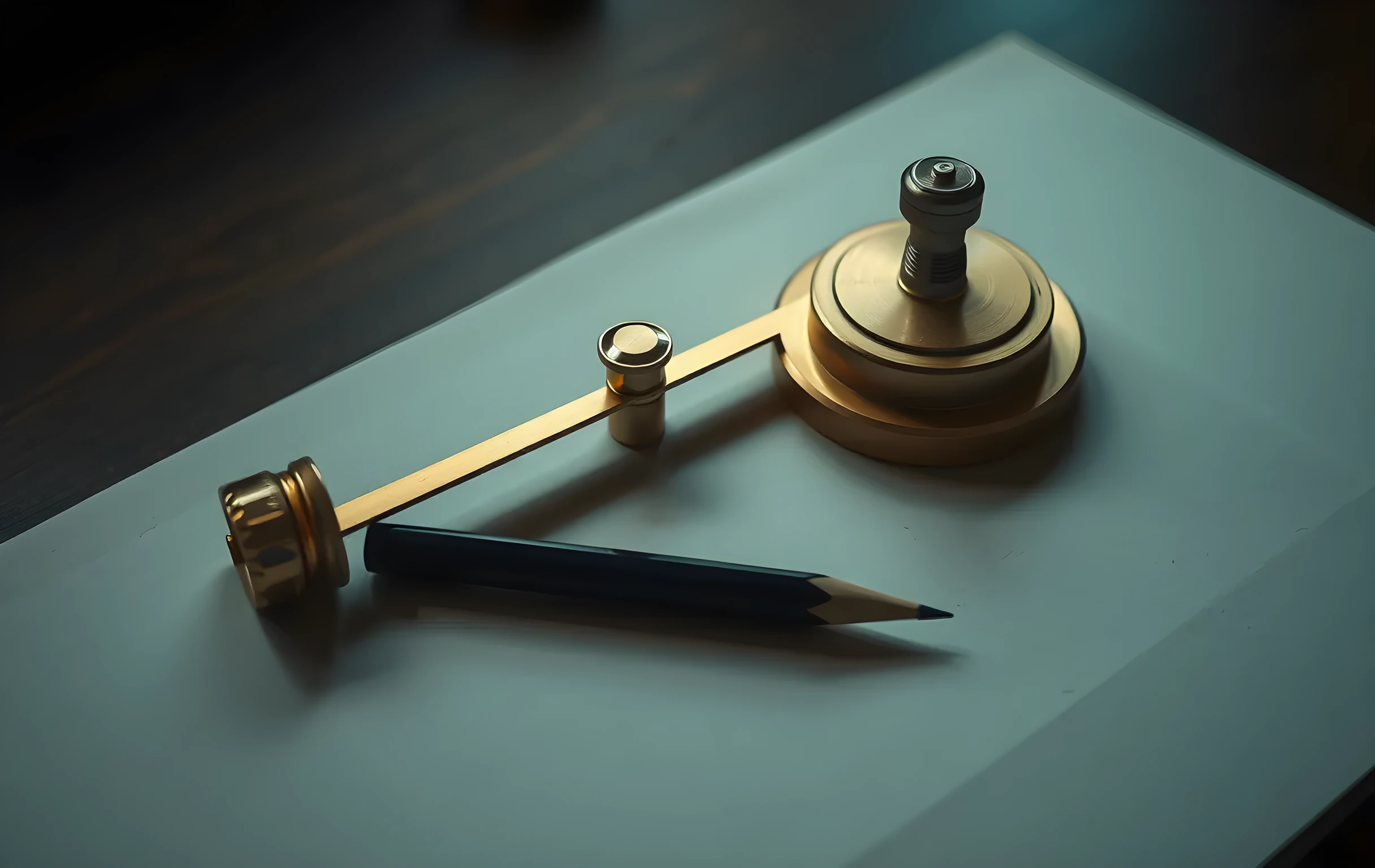 A close-up detail of a precision drafting table showing a brass beam balance scale with polished weights aligned symmetrically beside a sharpened graphite pencil resting diagonally across textured drafting paper, warm side lighting highlighting metallic edges and wood grain texture