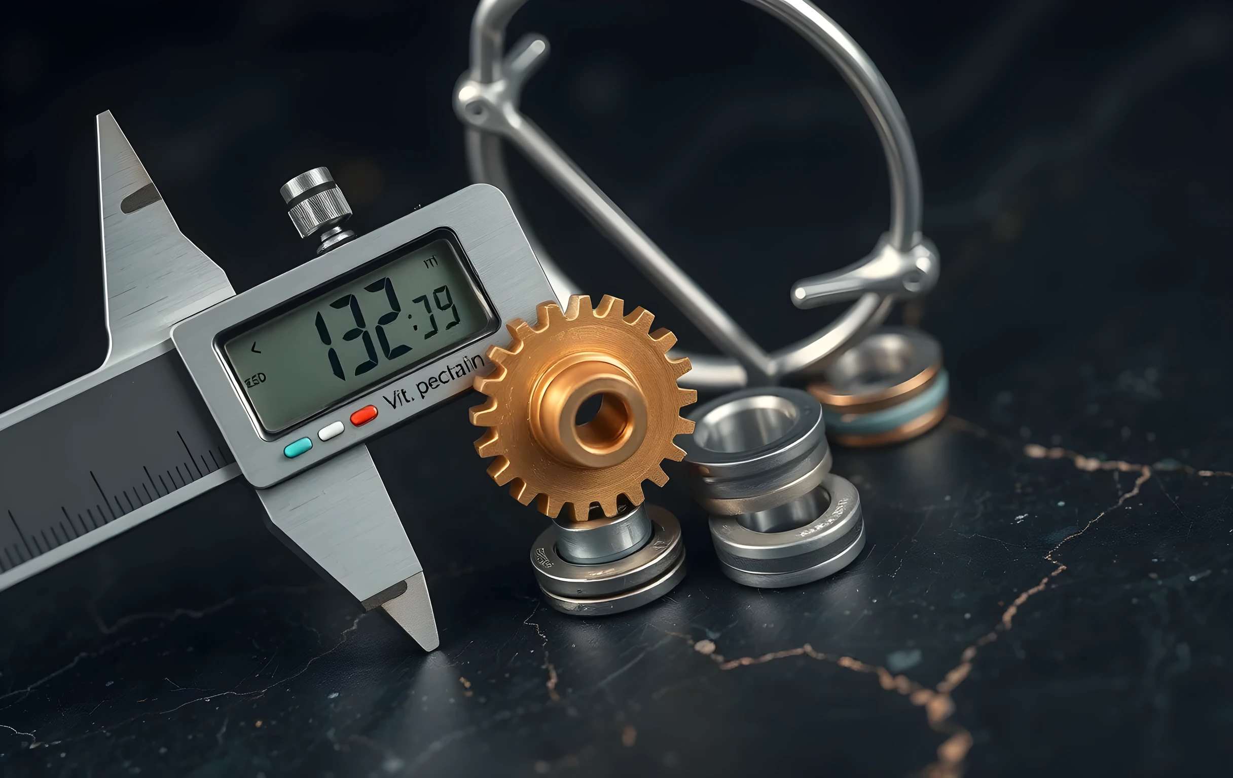 A tight macro shot focused on a pair of stainless-steel digital calipers gripping a single small brass gear with twenty teeth, the caliper jaws pressing against two opposing flats. Resting just behind the gear, slightly out of focus, is a slender tuning fork lying on its side and a tiny set of three nested steel washers stacked like coins. The surface beneath is dark charcoal slate with fine natural veining. Shallow depth of field isolates the caliper reading and the gear's machined teeth, emphasizing precision at a scale smaller than a thumb