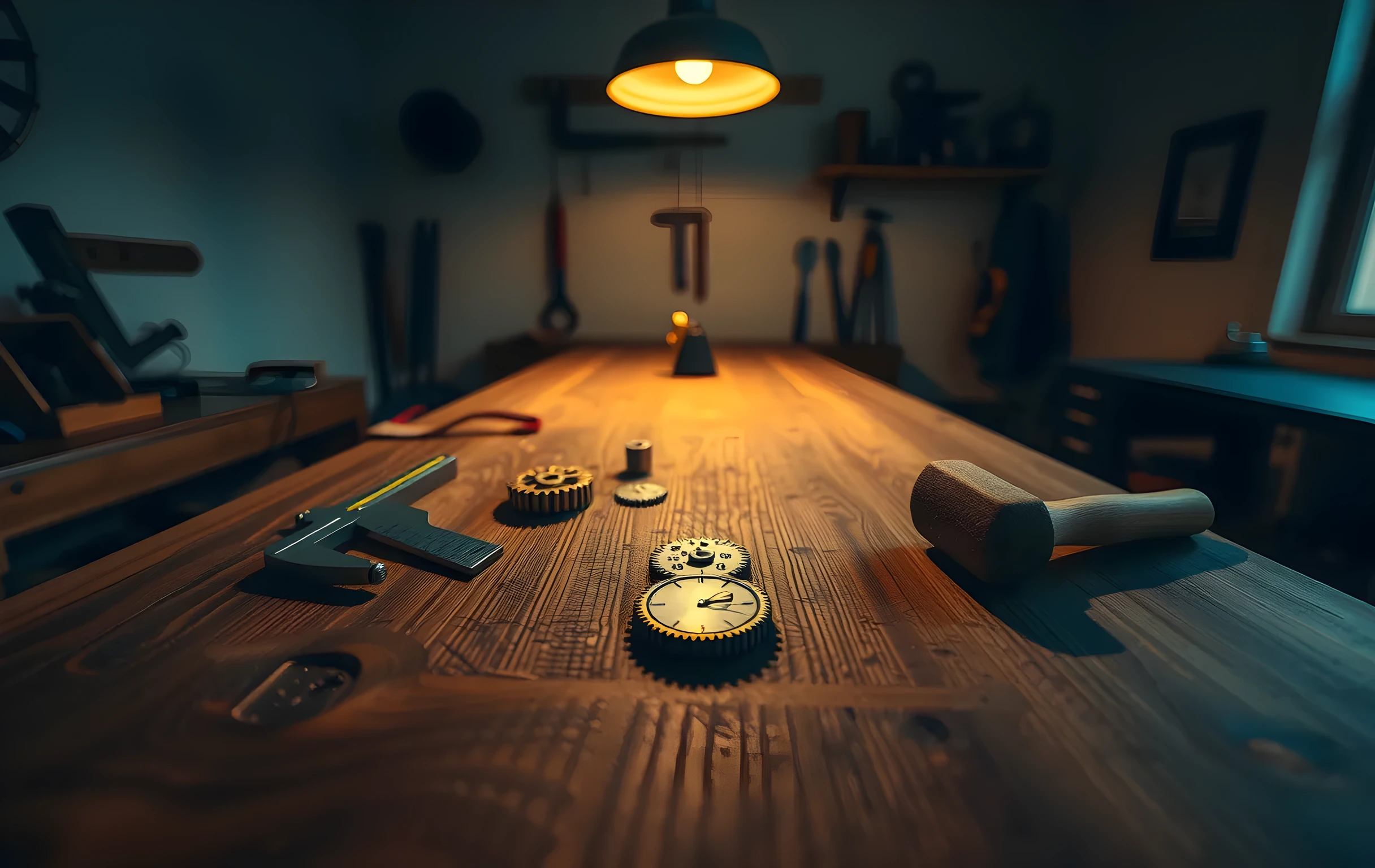 A wide-angle view of a dimly lit watchmaker's workshop at dusk, a heavy oak bench stretching into shadow, scattered across its surface are brass calipers, a small steel spirit level, three loose gears of varying sizes, and a wooden mallet with a worn leather wrap. Warm tungsten light from a single pendant lamp above casts long shadows across the grain of the wood. The back wall is bare plaster with faint tool marks. No people, no text, no screens