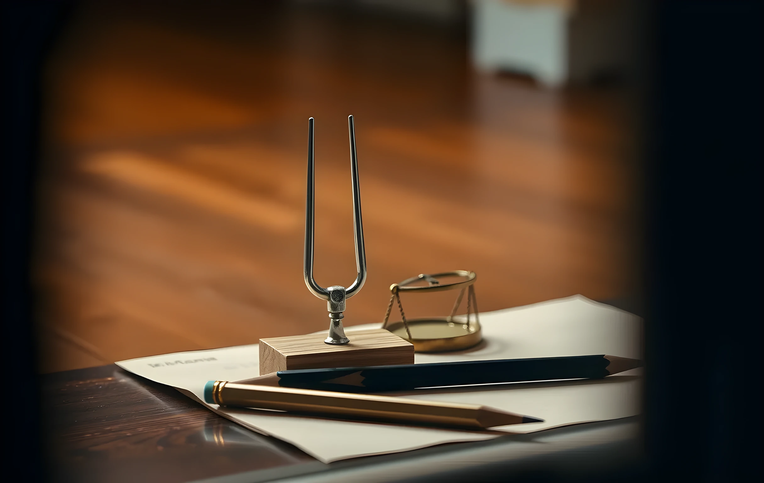 A tight close-up of a single silver tuning fork resting on a small carved walnut block, its prongs slightly separated by the vibration after being struck, captured mid-shimmer. Beside it sits a tiny brass balance scale with empty pans, and two sharpened drafting pencils lie parallel on a sheet of unmarked kraft paper. Shallow depth of field blurs the background into a soft amber glow. Warm side-lighting, no text, no hands, no faces