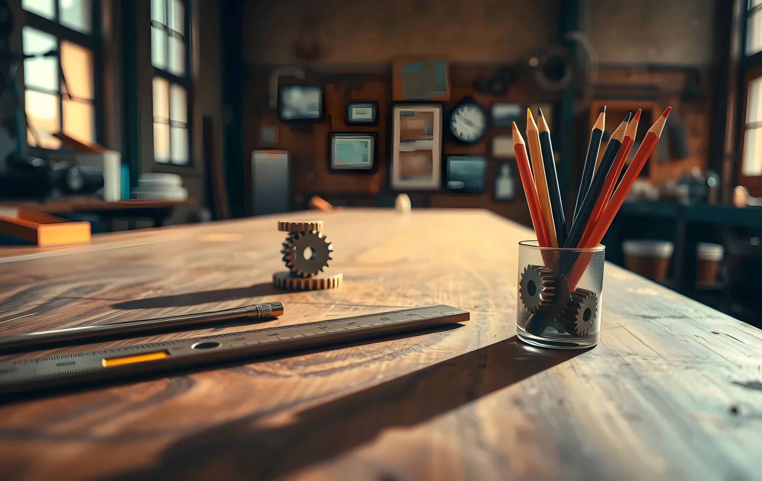 A wide view of a sunlit metalworking workshop bench stretching into soft-focus background, its surface arranged with a long brass vernier caliper laid flat, two spirit levels stacked at right angles, a set of four interlocking steel gears in descending size from left to right, and a bundle of sharpened 2B drafting pencils standing upright in a small ceramic cup. Warm afternoon light enters from tall windows on the left, casting long parallel shadows across the bench surface. The overall palette is warm amber, brushed copper, and dark walnut wood grain