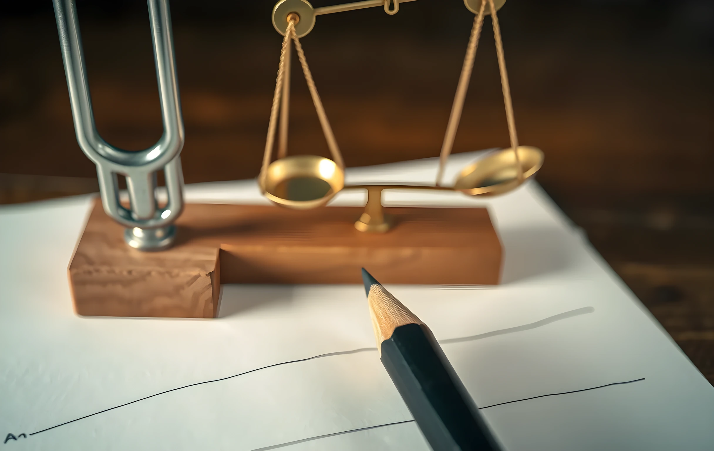 A tight close-up of a polished chrome tuning fork resting on its wooden base block, positioned beside a small brass balance scale with two empty weighted pans hanging symmetrically from a fine wire arm. In the shallow foreground, the sharpened graphite tip of a single pencil touches a sheet of fine-lined cream drafting paper, leaving one clean dark mark. The background dissolves into a soft warm bokeh of muted olive and terracotta tones. Shallow depth of field, warm directional light from above-right