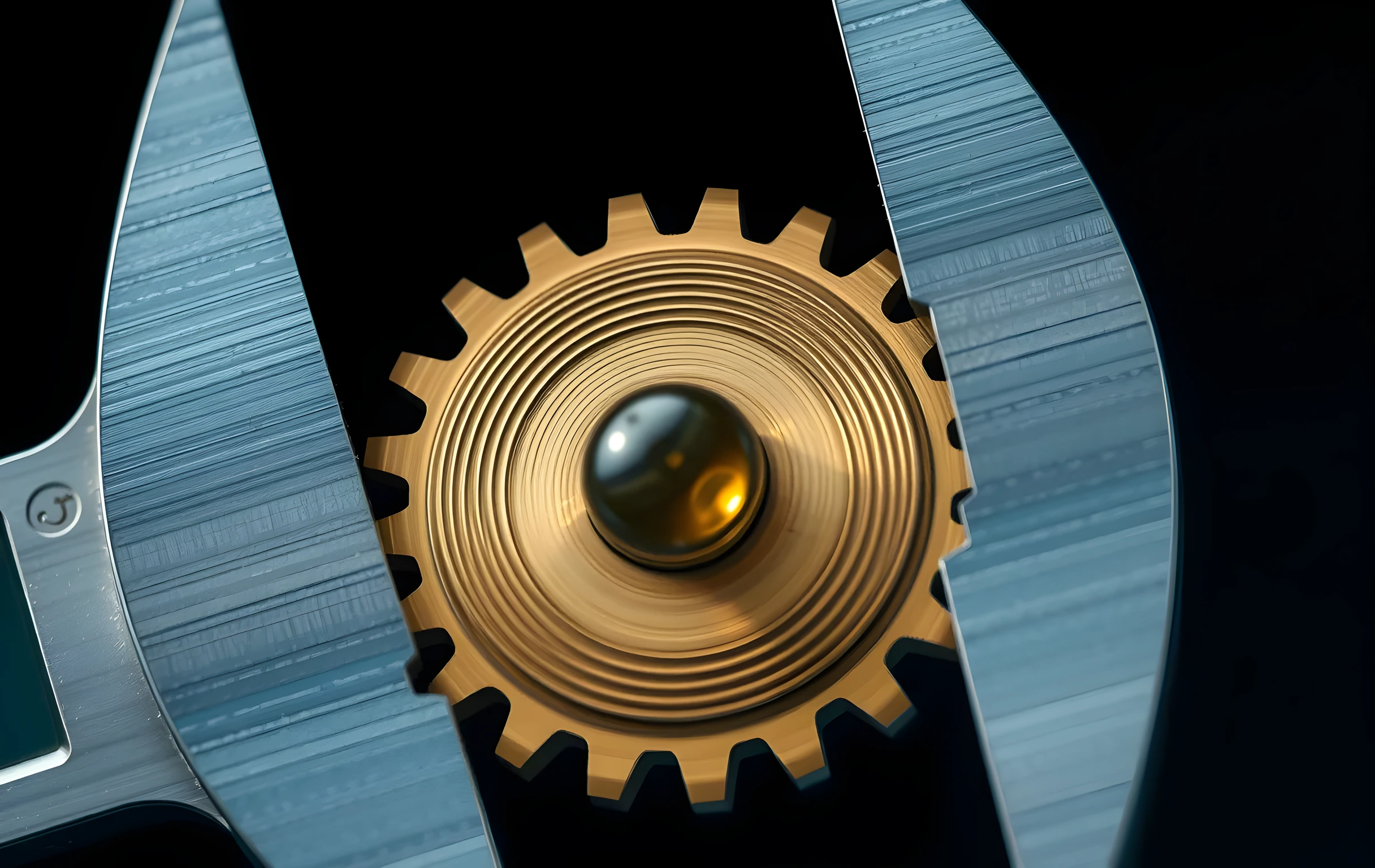 An extreme close-up of steel caliper jaws gripping a single small brass gear, the measurement tips pressed tight against opposite teeth, fine concentric machining marks spiraling across the gear face catching a thin blade of cool blue-grey light from above. A tiny bead of oil sits in the valley between two teeth, refracting a pinpoint of white light. Shallow depth of field blurs everything beyond the contact point. No text, no screens, no hands, no faces