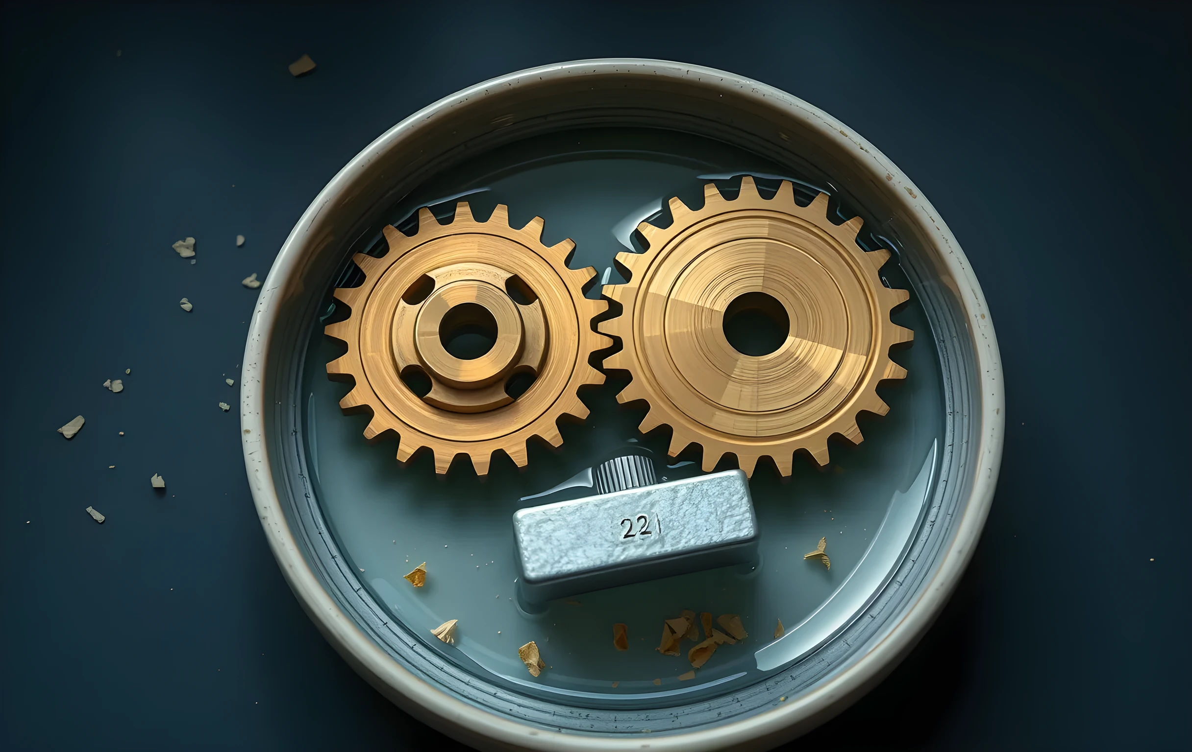 A macro close-up of two interlocking brass gears partially submerged in a shallow ceramic dish of clear water, with a small three-pan steel balance scale resting on the dish rim. Fine metal shavings are scattered across the matte grey surface beneath. Cool blue-grey lighting rakes across the machined tooth surfaces, highlighting brushed texture and tiny machining marks