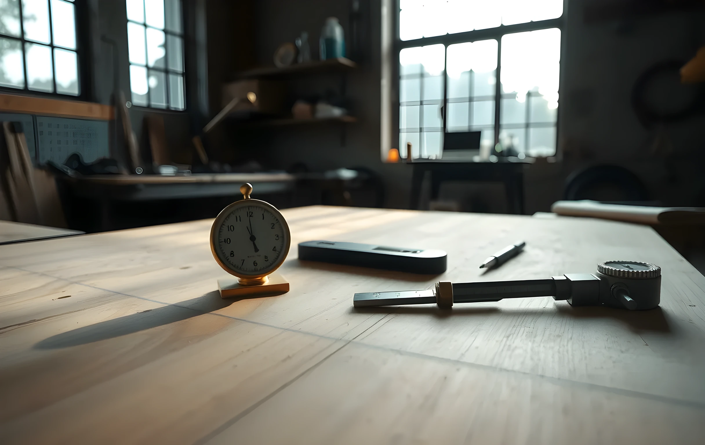 A quiet workshop space with a large wooden drafting table. On the table lies a brass scale balanced beside a set of precision calipers and a metal level. Soft morning light streams through a high window, illuminating dust motes in the air while a cluster of interlocking gears rests near the edge
