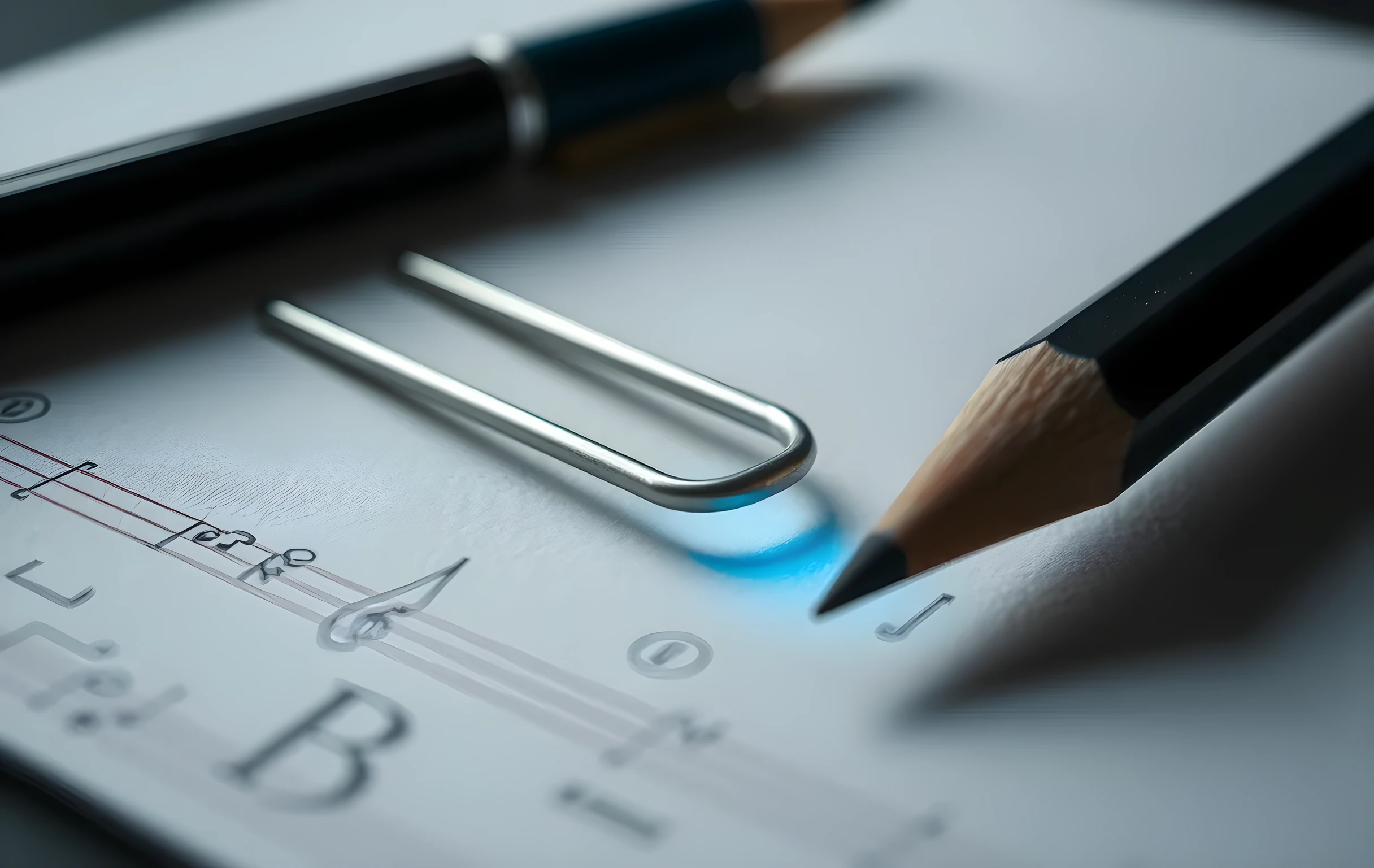 A macro view of a single tuning fork resting on textured drafting paper next to a sharpened graphite pencil. The fork tines catch a cool blue highlight against the fibrous paper, emphasizing precise calibration and quiet focus