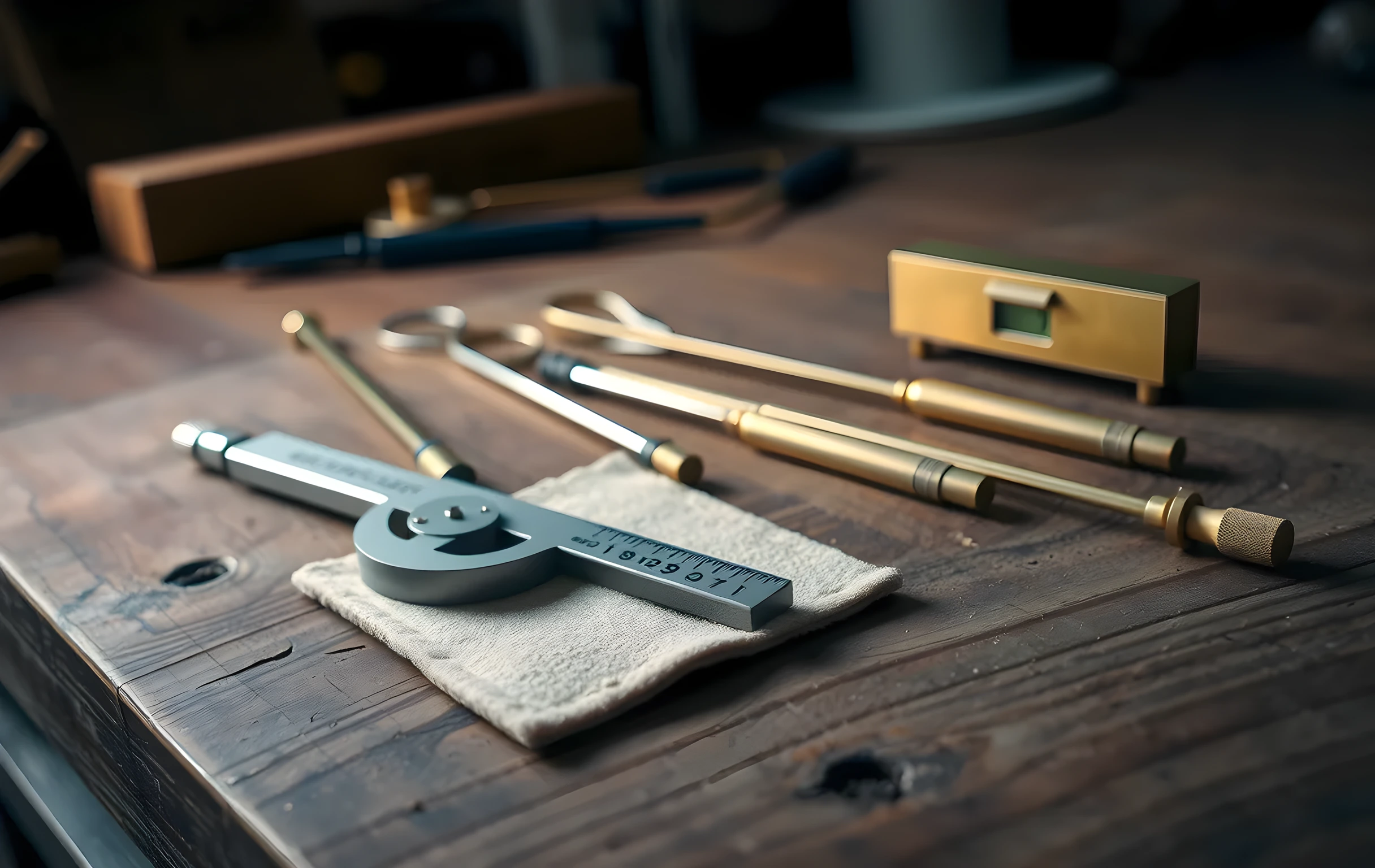 A single steel caliper resting on a square of fine-grit emery cloth, beside it three tuning forks of different sizes and a small brass engineer's level, all arranged on a worn wooden workbench surface, cool diffused workshop lighting from the left, shallow depth of field with soft background blur, no people, no text, no screens
