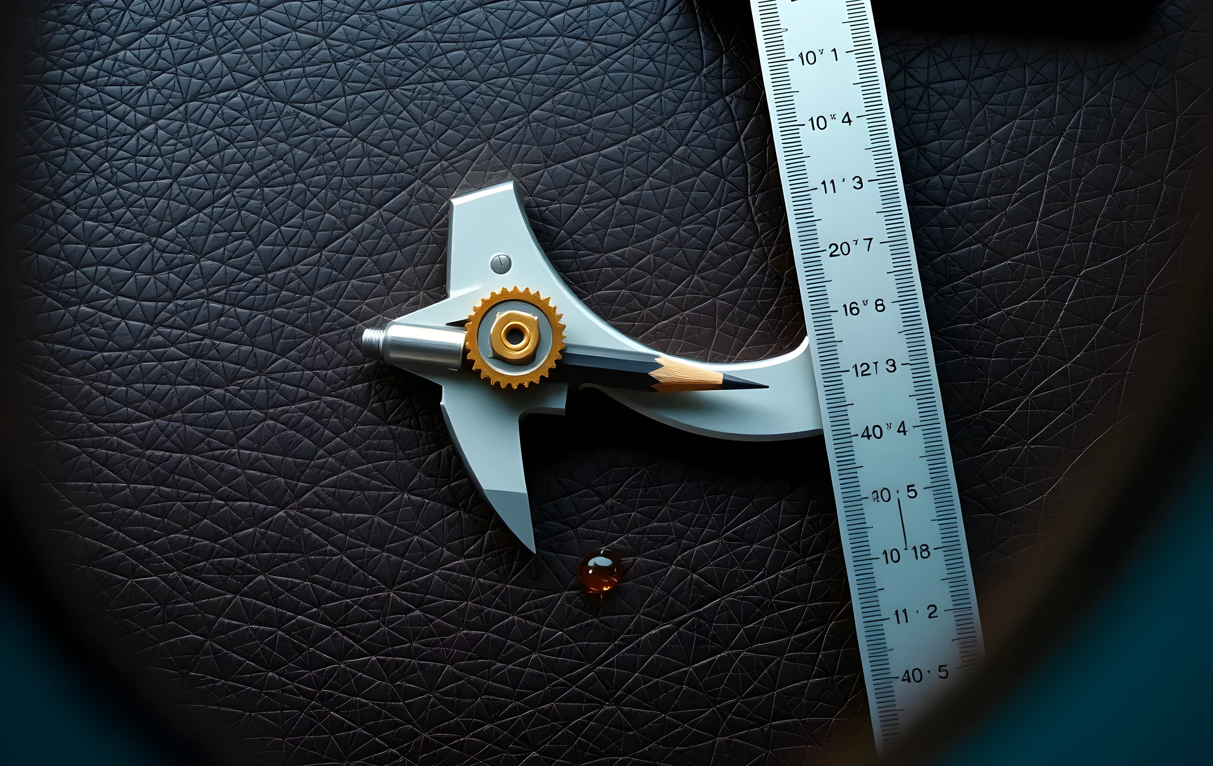 An extreme close-up shot from directly above: a pair of steel calipers resting on a heavily creased dark-brown leather work mat, one small polished brass gear partially nested between the caliper jaws. A single sharpened graphite drafting pencil lies at a precise thirty-degree angle beside them, its tip touching the edge of a plain metal straightedge. A tiny glistening drop of machine oil sits on the caliper hinge pin. Cool blue-white light rakes in from upper left, casting long crisp shadows across the leather grain. No text, no labels, no screens. Photorealistic macro detail