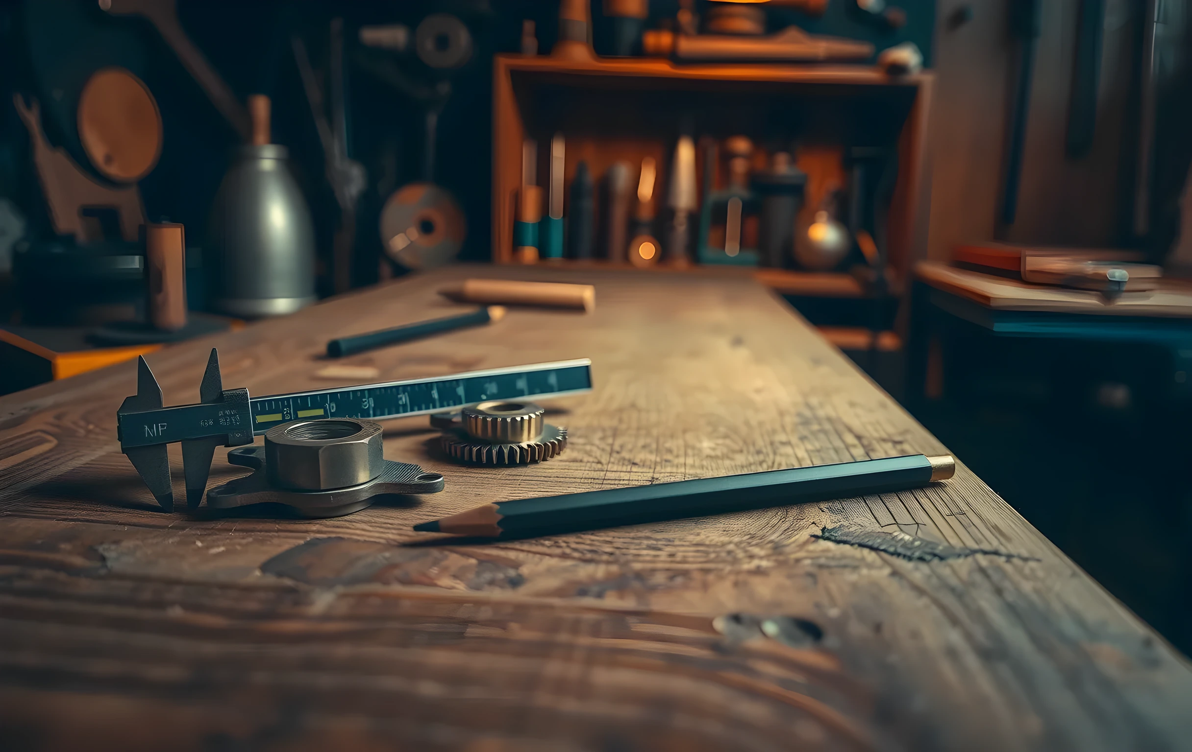 A dimly lit artisan workbench viewed from a slight three-quarter angle in a small workshop. Brass calipers with their jaws open rest beside a steel spirit level, two interlocking brass gears, and a sharpened drafting pencil laid diagonally across the worn wooden surface. Warm amber light rakes in from the left side, casting long soft shadows. The background shows a shelf of additional hand tools slightly out of focus, suggesting depth and a working space rather than a display