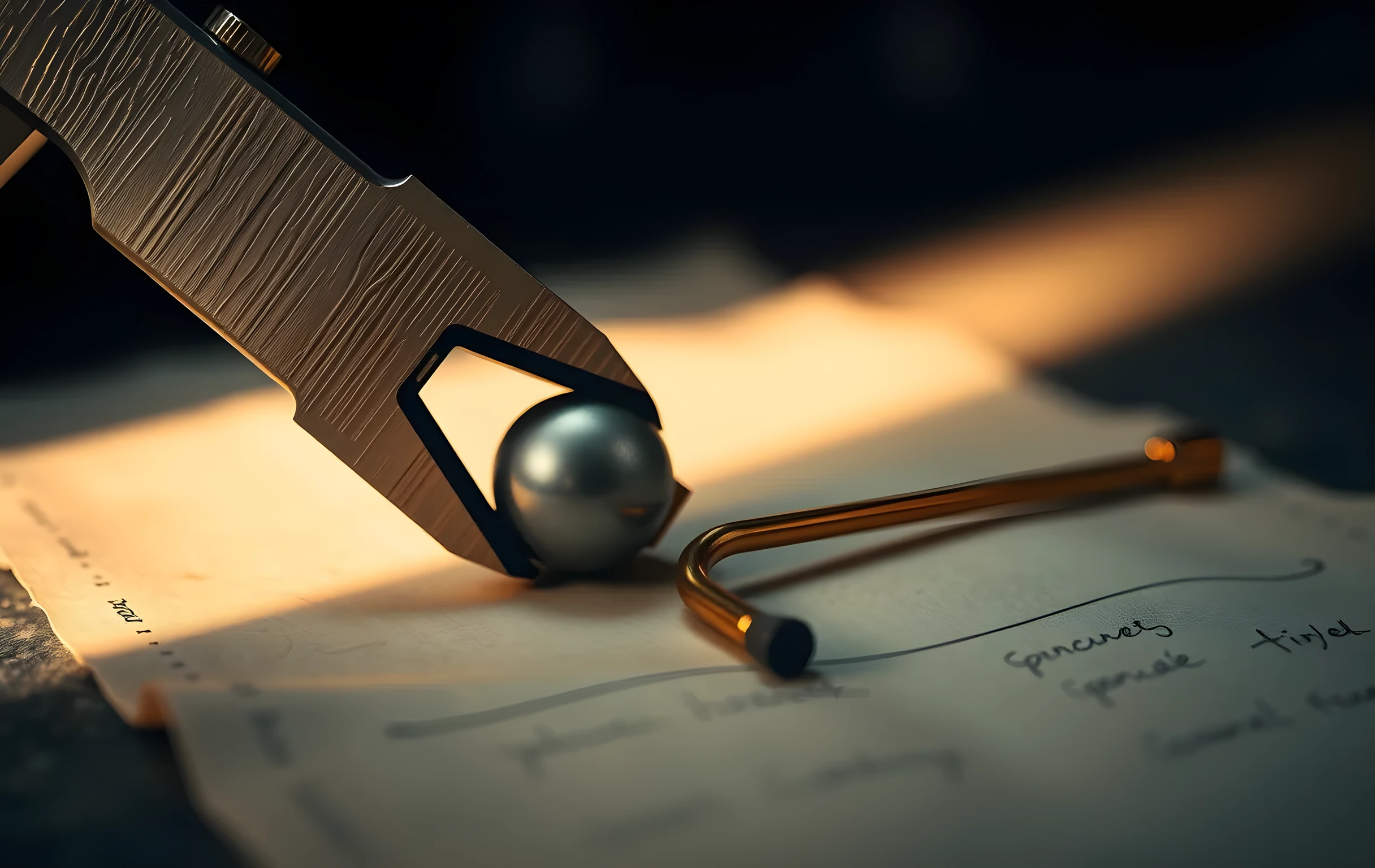 An extreme close-up of brass caliper jaws gently closed around a single small polished steel ball bearing, with a short brass tuning fork lying parallel beside them on a sheet of aged parchment-colored paper. A single warm shaft of light crosses the frame diagonally, catching the brushed texture of the metal and the faint patina on the brass, while the edges fall into deep soft shadow