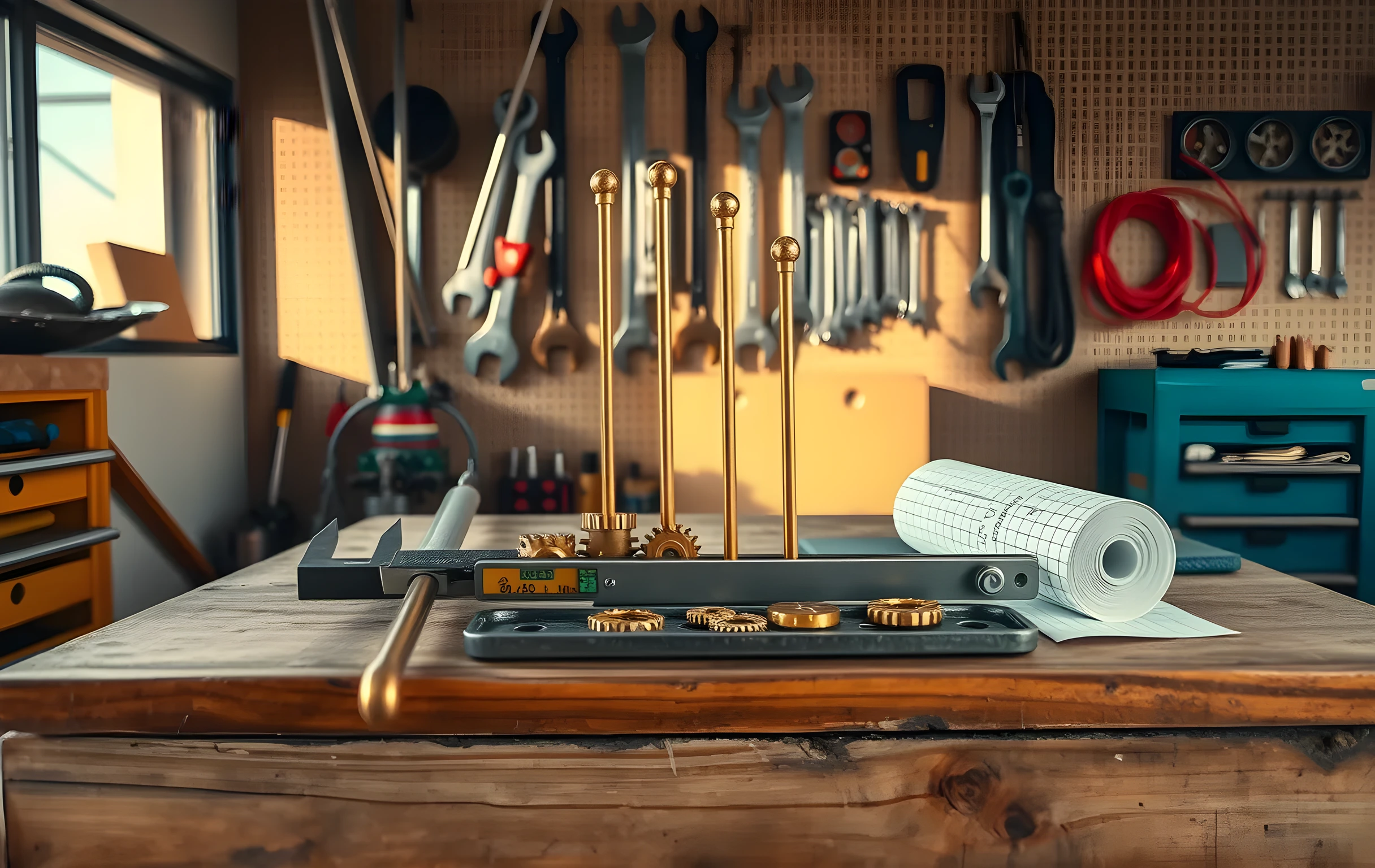 A wide-angle view of a cluttered wooden workbench in a sun-drenched maker's garage, pegboard wall behind with hanging wrenches and coiled wire. On the bench: a pair of steel calipers open to two inches, three brass tuning forks of increasing size standing upright, a small machinist level with its bubble perfectly centered, a shallow steel tray holding eight assorted bronze gears, and a roll of graph paper unspooled across the front edge. Warm late-afternoon light rakes in from a high window on the left, casting long shadows. The scene feels lived-in and precise, like a place where small tolerances matter