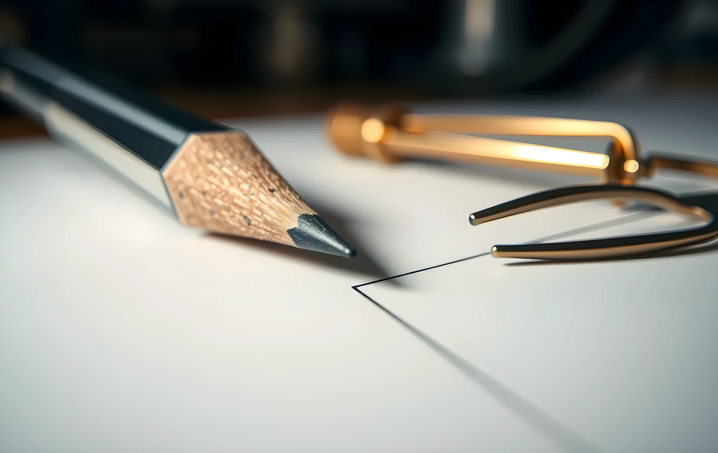 Extreme close-up at table level: the sharpened graphite tip of a mechanical pencil pressing into fine cream-colored drafting paper, leaving a single crisp geometric construction line. Beside the pencil tip, a small brass caliper lies closed and parallel to the line, its jaws reflecting a soft warm highlight. One tuning fork rests on its side in the soft-focus background, its tines catching light. Shallow depth of field isolates the pencil point and the first centimeter of drawn line. No other objects, no text, no hands. The composition is quiet, deliberate, and focused entirely on the moment of precision contact