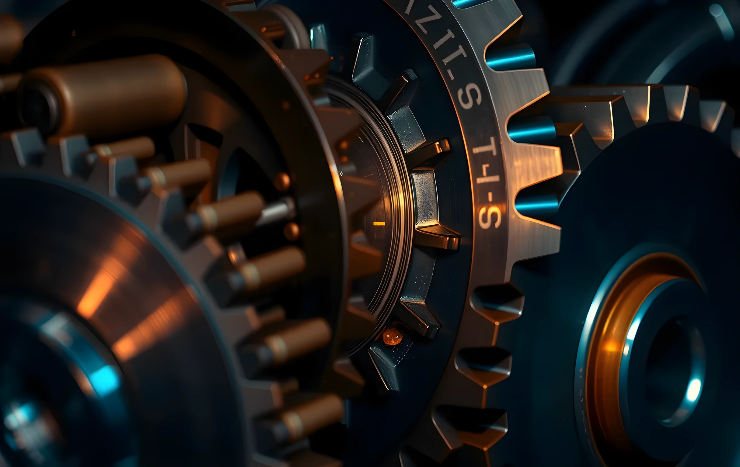 An extreme close-up of three interlocking machined gears in copper and dark steel, their teeth meshing precisely. Fine concentric machining marks are visible on each gear face, and a small drop of machine oil catches the light in one tooth valley. The background falls into soft dark blur. Cool directional workshop lighting from the upper left creates sharp highlights along the gear edges. Shallow depth of field isolates the center gear while the outer two soften. No text, no hands, no surrounding context visible