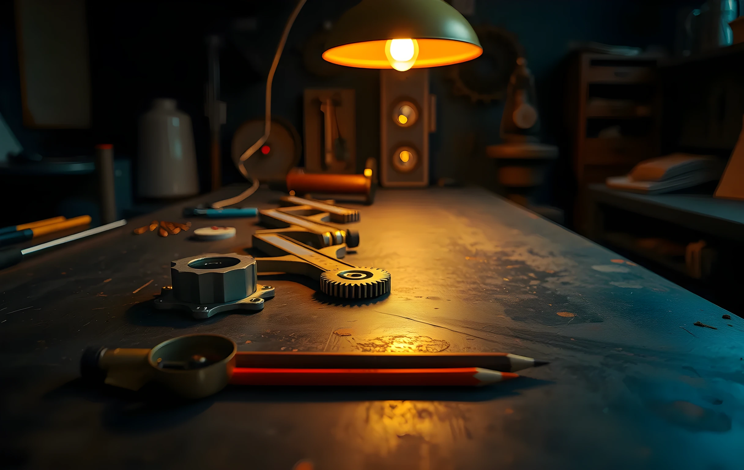 A wide-angle view of a dimly lit machinist workshop bench stretching into soft focus, cluttered with brass calipers of varying sizes, a heavy steel machinist's level, three interlocking copper gears, and a row of sharpened drafting pencils laid parallel across a dark oil-stained surface. A single warm amber work lamp hangs overhead casting long dramatic shadows, the background dissolving into deep umber darkness. The overall mood is one of precise manual calibration, late evening, quiet concentration
