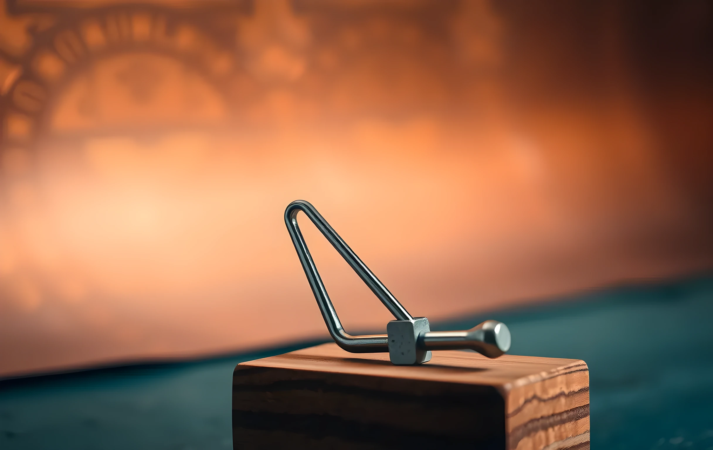 An extreme close-up of a single polished steel tuning fork resting on its solid wooden base, one prong captured mid-vibration with a faint visible shimmer and a tiny scatter of fine dust particles suspended in the still air just above it. Shot from a very low angle against a backdrop of brushed raw copper metal, shallow depth of field rendering the copper into a smooth warm gradient. The vibration is made tangible as a subtle ghosting blur on the prong tip