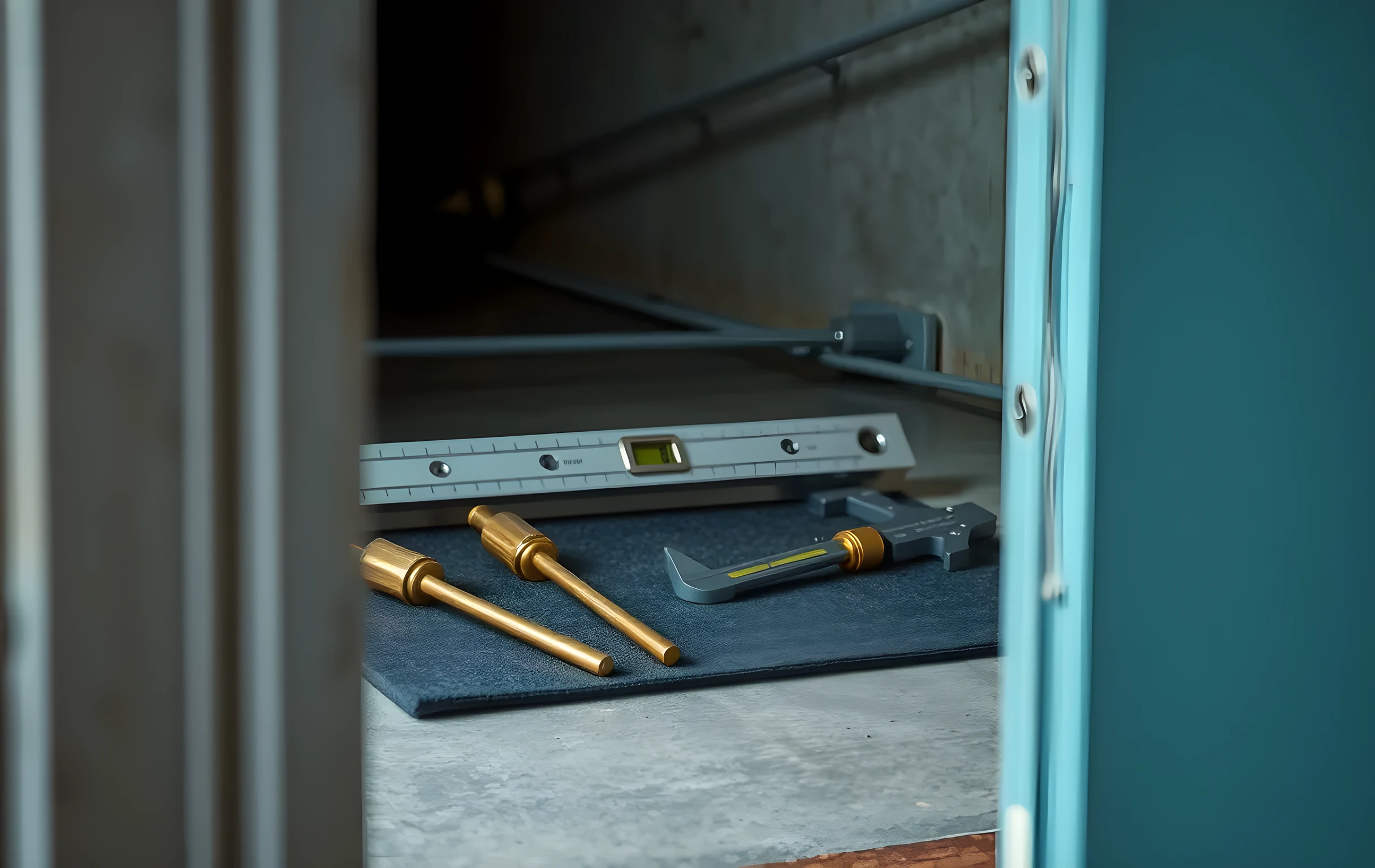 A quiet workshop space where brass tuning forks rest on a felt mat beside a steel level and a set of calipers, arranged to suggest precise measurement and alignment. Soft directional lighting highlights the geometric precision of the tools against a muted concrete backdrop
