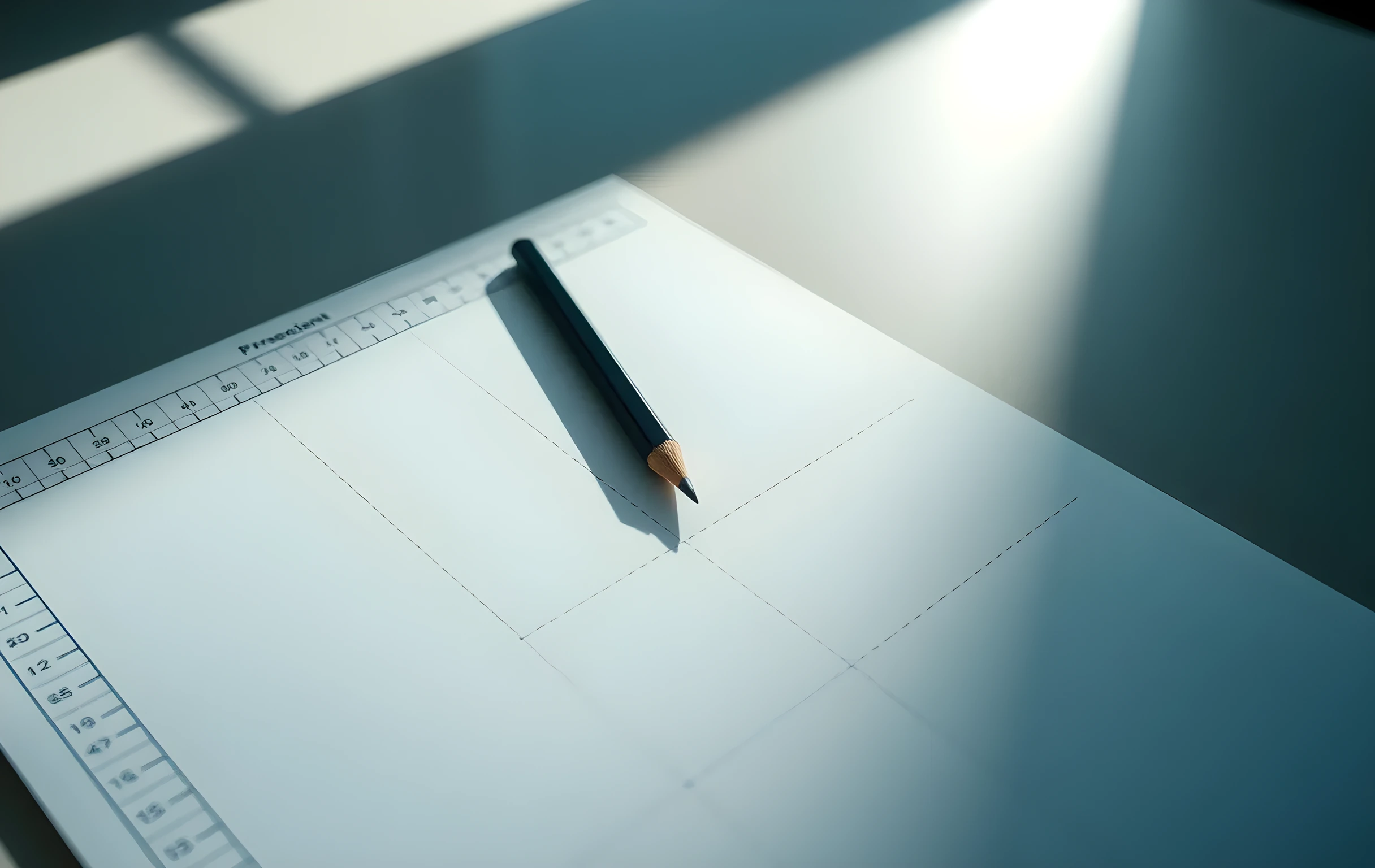 A drafting table surface showing a sharpened graphite pencil resting diagonally across a sheet of crosshatched blueprint paper, with a small brass weight balanced at the corner to demonstrate exact balance and calibration. Warm studio lighting casts clean shadows that emphasize texture and proportion