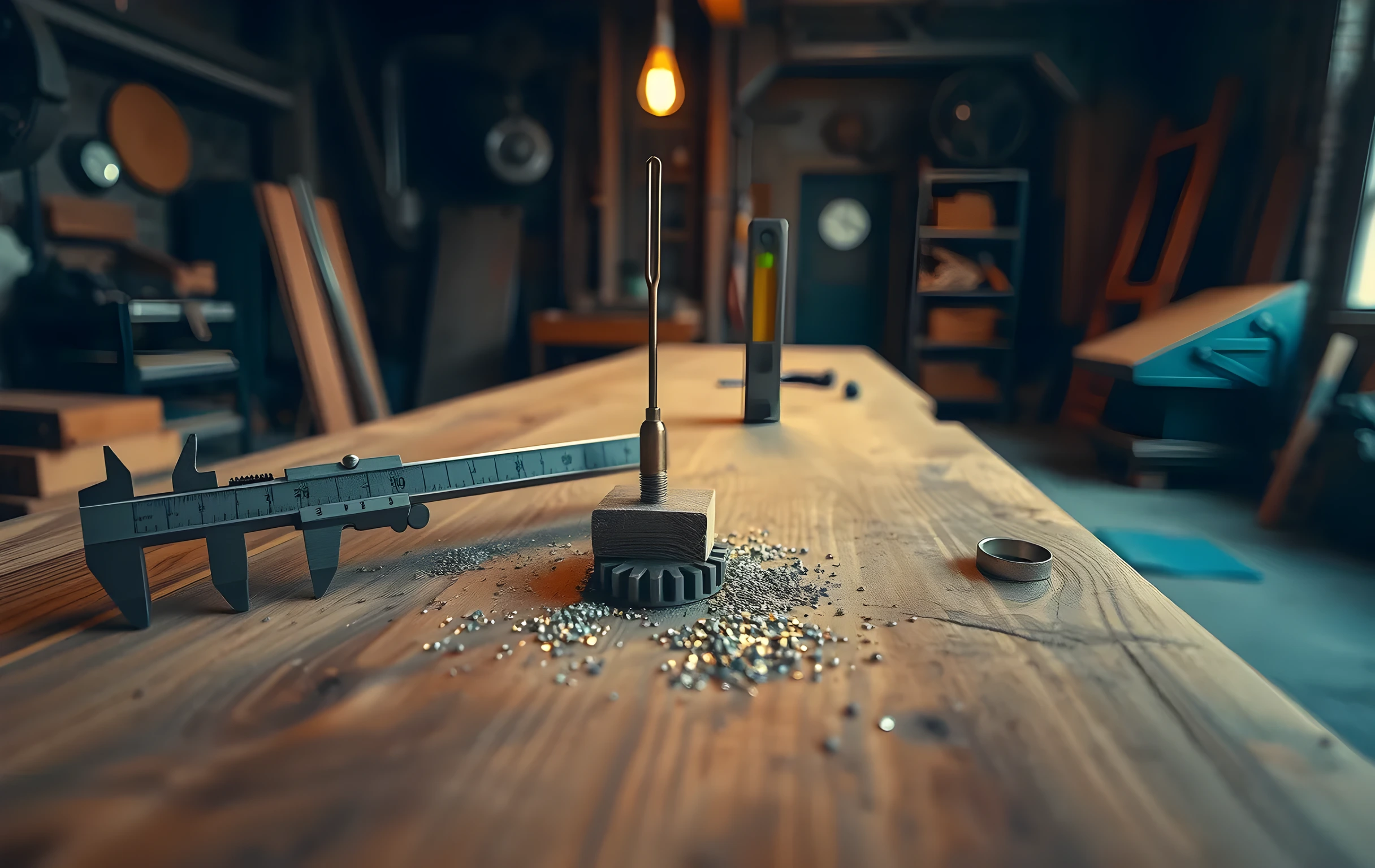 A wide-angle view of a long, worn wooden workbench in a dim industrial workshop. Laid across the oak surface: an open steel machinist's caliper with its jaws spread wide, a brass tuning fork standing upright in a small block of wood, a precision spirit level propped against a single steel gear, and scattered fine metal filings catching warm amber tungsten light from a bare bulb above. The bench extends into soft shadow at both ends. No text, no screens, no people