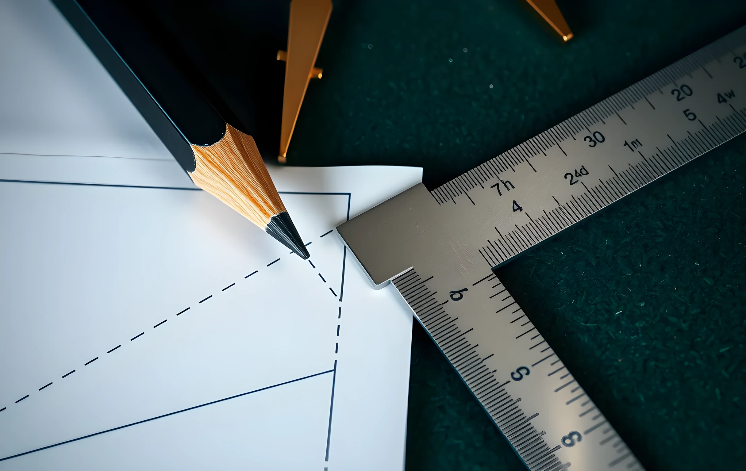 A tight macro close-up of a sharpened graphite pencil tip pressed into fine-lined drafting paper, the lead leaving a precise geometric construction line. Beside it on a dark green felt surface: a small brass drafting compass with its legs slightly open, and a flat steel ruler with visible measurement ticks catching cool blue-grey side-light that throws long, sharp shadows across the felt. No text, no hands, no screens