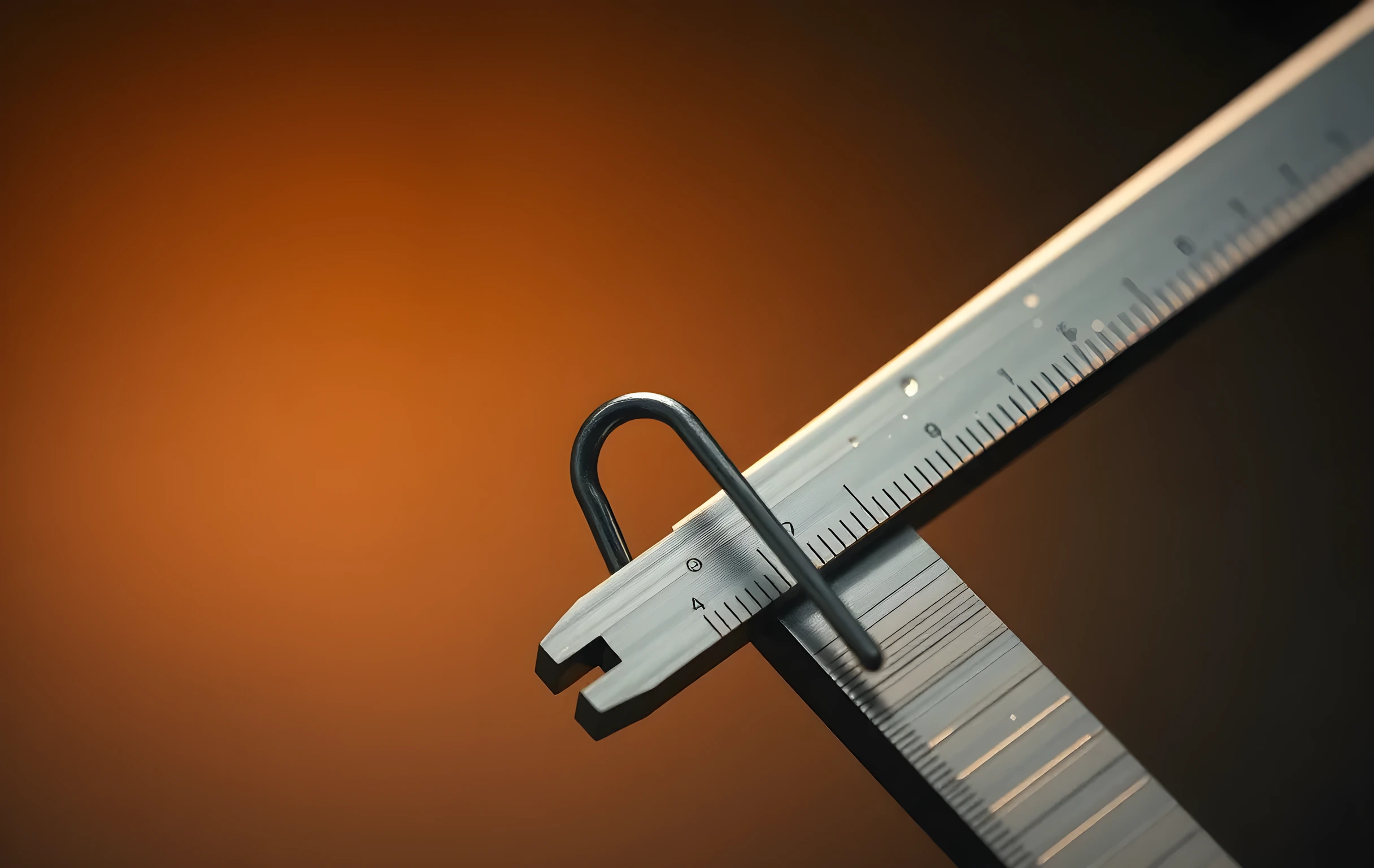 A tight detail photograph of a single brass caliper gripping a thin steel shim between its precision jaws, a small silver tuning fork resting lengthwise against the caliper's spine, tiny condensation beads catching light on the polished metal surfaces. Shallow depth of field dissolves the background into a soft warm amber glow with no discernible objects, isolating the metallic textures and the fine machined edges in sharp focus