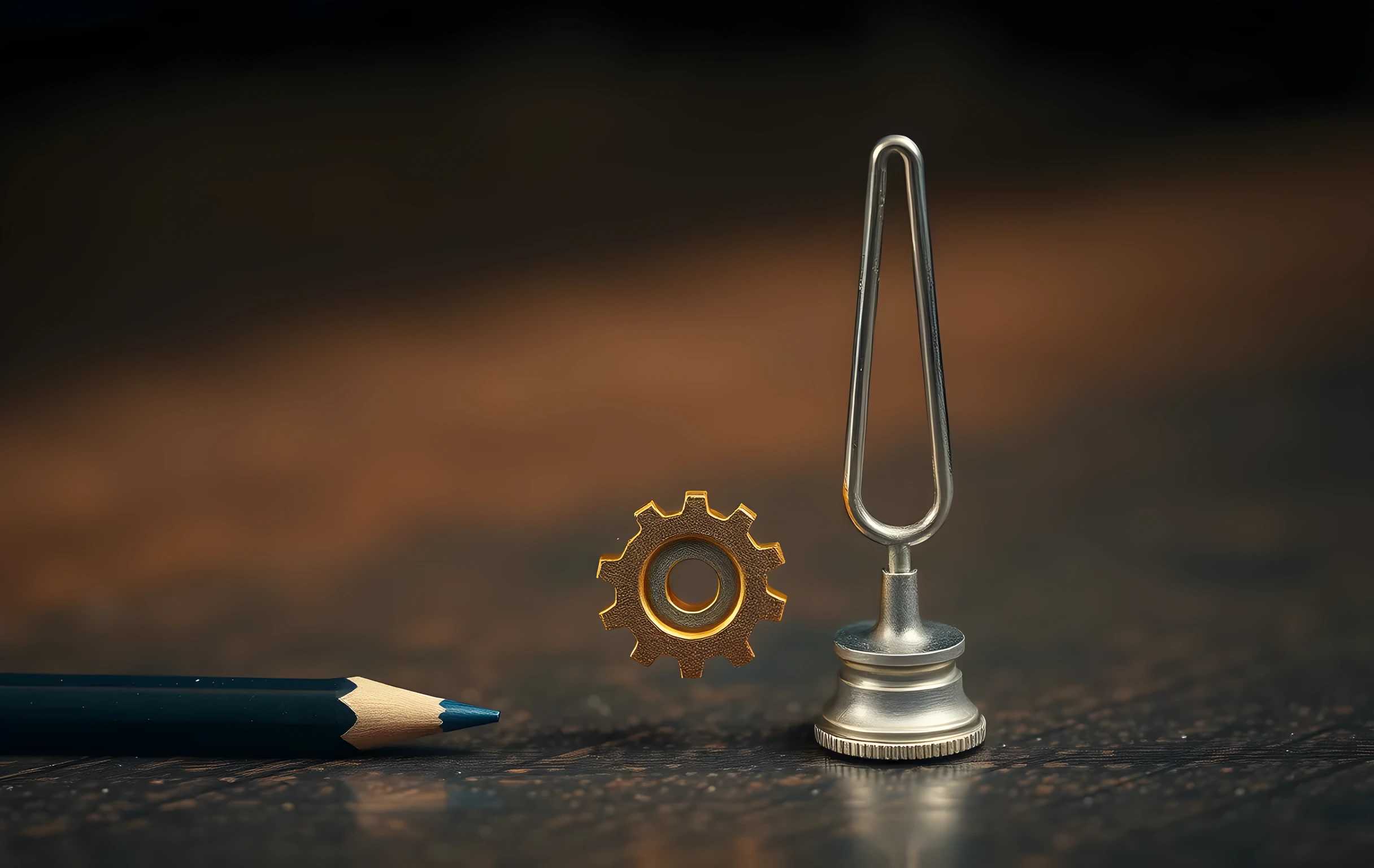 A tight close-up of a single sharpened graphite pencil tip resting its point against the edge of a small polished brass gear, beside which stands one upright tuning fork on its base, all three objects arranged in a row on a dark oiled wood surface with soft directional light raking across from the left, shallow depth of field blurring the background into warm amber tones