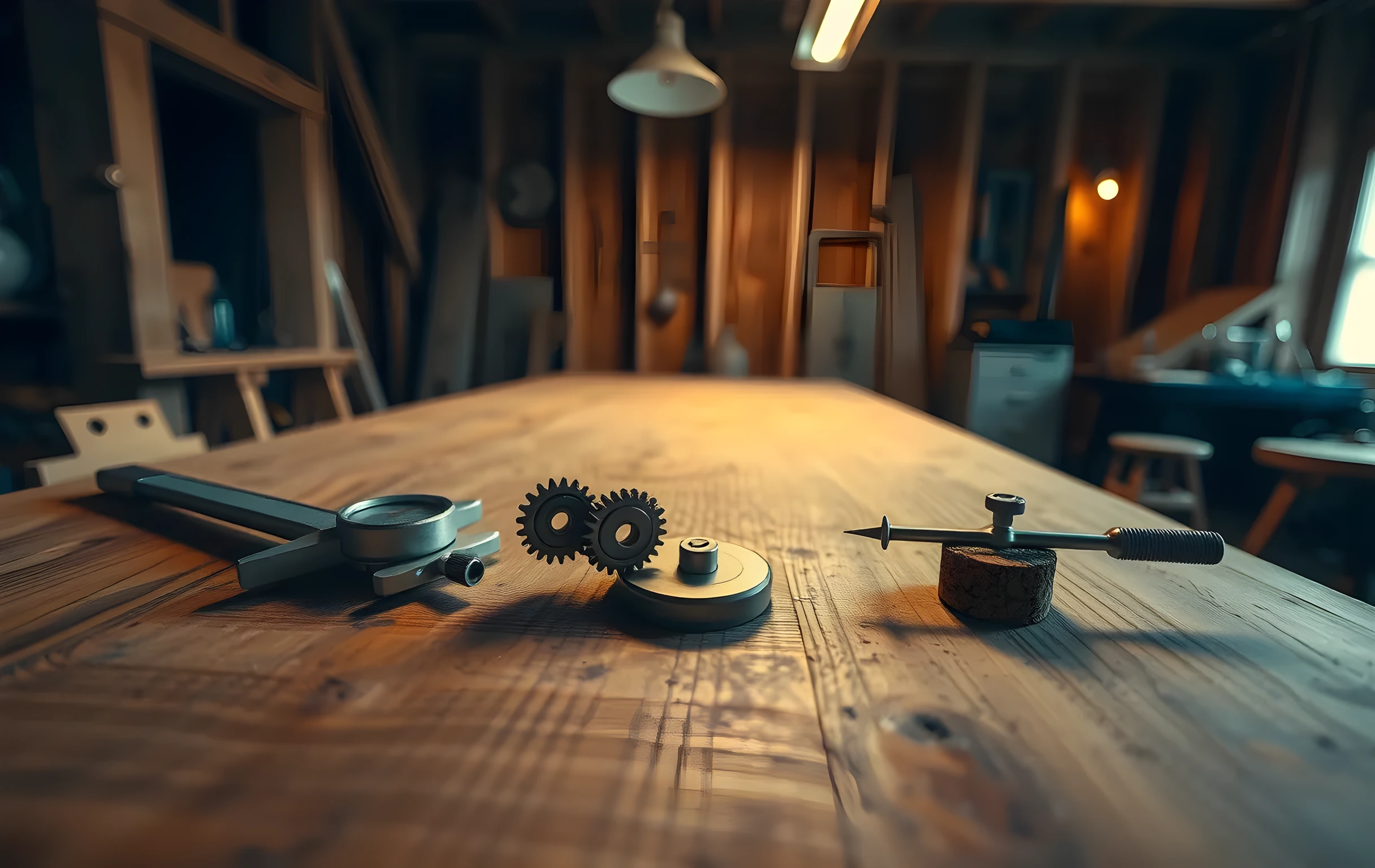 A wide-angle view of a weathered oak workbench in a dim maker's studio lit by a single overhead workshop lamp. Scattered across the surface: a pair of stainless calipers, three interlocking brass gears of varying sizes, a small spirit level with its bubble centered, and a tuning fork resting on a cork base. The background wall shows exposed timber framing and a faint glow from a distant window. Warm amber tones, shallow ambient depth, no text or markings visible