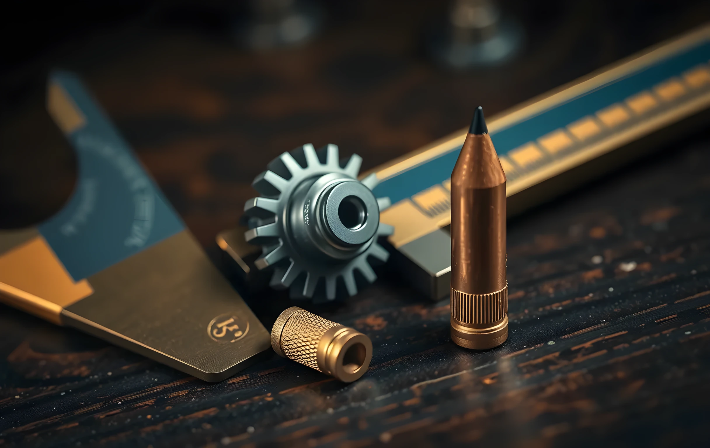 A tight close-up of a machined steel gear nestled in the jaws of an open brass caliper, the metal surfaces catching a cool side-light. Beside the caliper lies a single sharpened drafting pencil with its graphite tip worn to a fine point, and a small rolled copper tube standing upright like a miniature blueprint scroll. The background is a dark, out-of-focus surface of oiled walnut wood. Cool steel blue and warm brass contrast, macro detail, no readable text anywhere in frame