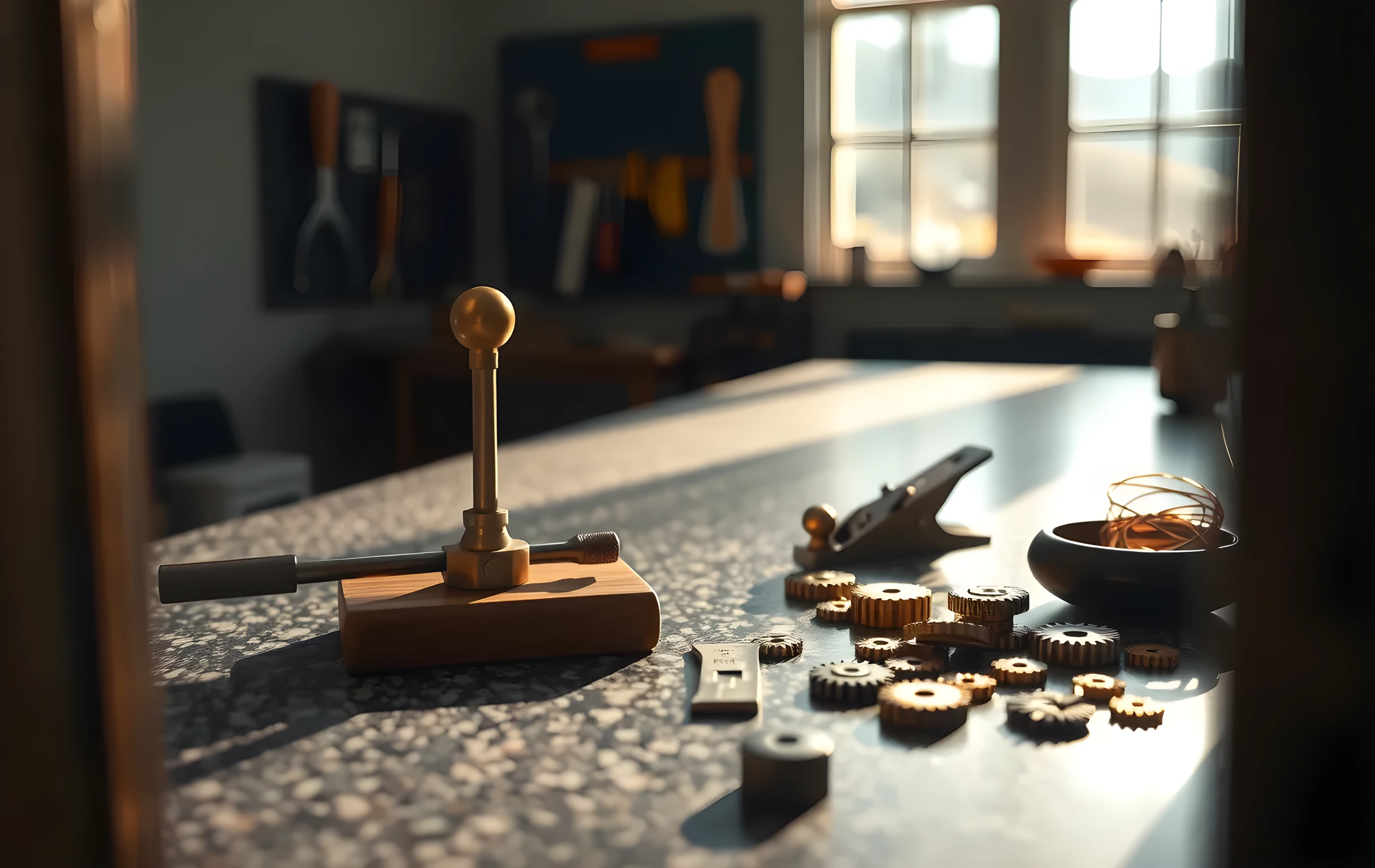 A wide-angle view of a long workshop bench in a sunlit garage, warm late-afternoon light raking across the surface. On the granite-topped bench sit a pair of brass calipers with their jaws slightly open, a steel tuning fork standing upright on a small wooden block, a spirit level laid flat along the bench edge showing a centered bubble, and a scattered cluster of small patinated bronze gears in various sizes. In the background, a pegboard holds chisels and a hand plane, and a coil of copper wire rests in a shallow ceramic bowl. The scene is quiet, precise, and tactile with no people present